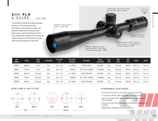 S I I I P L R
6 - 2 4 x 5 0 3 0 m m T U B E
• Precision Tactical Turrets with internal zero stop
• 11 position off/on side mounted illumination dial
• Zact-7 Revcoat Plus® Multi-coating for superior light
transmission
• Exclusive ExacTrack Windage and Elevation adjustment
system
• Waterproof, Fogproof, and Shockproof
S T A N D A R D F E A T U R E S
A V A I L A B L E R E T I C L E S
MH-5 MOA-H MOA-2
Second
S i d e F o c u s 2 0 Y a r d s t o
I n f i n i t y & 1 1 P o s i t i o n
I l l u m i n a t i o n D i a l
3 0 m m , W a t e r p r o o f ,
S h o c k p r o o f a n d F o g -
p r o o f A l u m i n u m T u b e
M a g n i f i c a t i o n
C o n t r o l R i n g
T a c t i c a l T u r r e t s w i t h
I n t e r n a l Z e r o S t o p
Z A C T - 7 R e v c o a t ®
L e n s C o a t i n g
The SIII PLR 6-24x50 Zero-Stop riflescope
features a new internal zero-stop
mechanism, more precise windage and
elevation adjustments, improved light
transmission, and clarity. Engineered for
long range target shooting and hunting, the
scope provides you with all the tools you
need to get on target and stay there.
PART
NUMBER
RETICLE
FOCAL
PLANE
ILLUMINATION
EYE RELIEF
(in)
CLICK VALUE
@ 100 yds
W/E TRAVEL
MIN Per
REVOLUTION
ZERO
STOP
KNOB
STYLE
TUBE
SIZE
WEIGHT LENGTH
28000 MOA-H First Yes 3.8 - 3.6 1/4 MOA 80/80 MOA 20 MOA Yes Tactical 30mm 28.2 oz 15.4 in
28001 MH-H First Yes 3.8 - 3.6 .1 MRAD 23.3/23.3 MRAD 10 MRAD Yes Tactical 30mm 28.2 oz 15.4 in
28002 MOA-H Second Yes 3.8 - 3.6 1/4 MOA 100/100 MOA 20 MOA Yes Tactical 30mm 28.2 oz 15.4 in
28003 MH-5 Second Yes 3.8 - 3.6 .1 MRAD 29.1/29.1 MRAD 10 MRAD Yes Tactical 30mm 28.2 oz 15.4 in
28008 MOA-2 Second Yes 3.8 - 3.6 1/4 MOA 100/100 MOA 20 MOA Yes Tactical 30mm 28.2 oz 15.4 in
MOA-H
MH-H
First
R
I
F
L
E
S
C
O
P
E
S
F o r d e t a i l e d r e t i c l e i n f o r m a t i o n , s e e p a g e 4 2 o r v i s i t S i g h t r o n . c o m 2 3
 