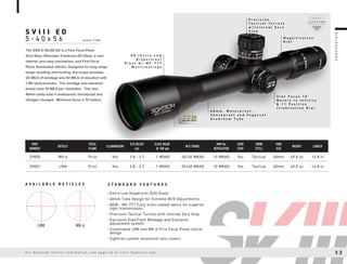 P r e c i s i o n
T a c t i c a l T u r r e t s
w / I n t e r n a l Z e r o
S t o p
M a g n i f i c a t i o n
D i a l
S i d e F o c u s 1 0
M e t e r s t o I n f i n i t y
& 1 1 P o s i t i o n
I l l u m i n a t i o n D i a l
4 0 m m , W a t e r p r o o f ,
S h o c k p r o o f a n d F o g p r o o f
A l u m i n u m T u b e
E D ( E x t r a L o w
D i s p e r s i o n )
G l a s s w / M C - 7 7 7
M u l t i c o a t i n g s
4 0 m m T U B E
S V I I I E D
5 - 4 0 x 5 6
S T A N D A R D F E A T U R E S
A V A I L A B L E R E T I C L E S
The SVIII 5-40x56 ED is a First Focal Plane
Zero-Stop riflescope. It features ED Glass, a new
internal zero-stop mechanism, and First Focal
Plane illuminated reticles. Designed for long range
target shooting and hunting, the scope provides
20 MILS of windage and 40 MILS of elevation with
.1 Mil tactical knobs. The windage and elevation
knobs have 10 MILS per revolution. The new
40mm body tube is waterproof, shockproof and
nitrogen charged. Minimum focus is 10 meters.
• Extra-Low Dispersion (ED) Glass
• 40mm Tube Design for Extreme W/E Adjustments
• NEW - MC-777 Fully multi-coated optics for superior
light transmission
• Precision Tactical Turrets with internal Zero Stop
• Exclusive ExacTrack Windage and Elevation
adjustment system
• Illuminated LRM and MH-6 First Focal Plane reticle
design
• Sightron custom aluminum lens covers
FFP
FIRST FOCAL PLANE
PART
NUMBER
RETICLE
FOCAL
PLANE
ILLUMINATION
EYE RELIEF
(in)
CLICK VALUE
@ 100 yds
W/E TRAVEL
MIN Per
REVOLUTION
ZERO
STOP
KNOB
STYLE
TUBE
SIZE
WEIGHT LENGTH
29000 MH-6 First Yes 3.8 - 3.7 .1 MRAD 20/40 MRAD 10 MRAD Yes Tactical 40mm 49.0 oz 16.8 in
29001 LRM First Yes 3.8 - 3.7 .1 MRAD 20/40 MRAD 10 MRAD Yes Tactical 40mm 49.0 oz 16.8 in
LRM MH-6
R
I
F
L
E
S
C
O
P
E
S
F o r d e t a i l e d r e t i c l e i n f o r m a t i o n , s e e p a g e 4 2 o r v i s i t S i g h t r o n . c o m 3 3
 