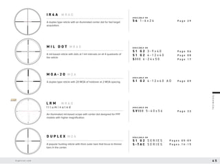 D U P L E X M O A
S 1 G 2 S E R I E S
S - T A C S E R I E S
P a g e s 0 5 - 0 9
P a g e s 1 4 - 1 5
AVA I L A B L E O N
A popular hunting reticle with thick outer bars that focus to thinner
bars in the center.
T
E
C
H
N
I
C
A
L
I R 4 A M R A D
AVA I L A B L E O N
A duplex type reticle with an illuminated center dot for fast target
acquisition.
P a g e 2 9
S 6 1 - 6 x 2 4
M O A - 2 0 M O A
AVA I L A B L E O N
A duplex type reticle with 20 MOA of holdover at 2 MOA spacing. P a g e 0 9
S 1 G 2 4 - 1 2 x 4 0 A O
M I L D O T M R A D AVA I L A B L E O N
A mil-based reticle with dots at 1 mil intervals on all 4 quadrants of
the reticle
P a g e 0 6
S 1 G 2 3 - 9 x 4 0
S I I I 6 - 2 4 x 5 0 P a g e 1 7
L R M
I l l u m i n a t e d
M R A D
AVA I L A B L E O N
An illuminated mil-based scope with center dot designed for FFP
models with higher magnification.
FFP
FIRST FOCAL PLANE
S V I I I 5 - 4 0 x 5 6 P a g e 3 3
S 1 G 2 4 - 1 2 x 4 0 P a g e 0 8
F o r d e t a i l e d r e t i c l e i n f o r m a t i o n , s e e p a g e 4 2 o r v i s i t S i g h t r o n . c o m 4 5
4 5
S i g h t r o n . c o m
 