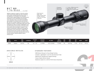 E x c l u s i v e
M C - 3 3 3
M u l t i c o a t i n g s
w / A l l G l a s s
O p t i c a l G r a d e
L e n s e s
S 1 ™ G 2
1 . 7 5 - 5 x 3 2 1 i n T u b e
S T A N D A R D F E A T U R E S
A V A I L A B L E R E T I C L E S
Sightron engineers sought to create the perfect
close-range hunting riflescope when designing
the Sightron S1 1.75-5x32mm G2 riflescope.
Using modern optical designs and manufacturing
techniques, the S1 1.75-5x32mm G2 provides
clear and sharp views in just about any lighting
due to Sightron’s all-glass lenses and exclusive
MC-333 lens coatings. Sightron’s Precision Focus
Eyepiece provides a customizable sight picture with
extended eye relief. A compact, lightweight 1-inch
aircraft aluminum tube houses an all-new erector
tube system which is nitrogen charged, O-ring
sealed, providing IPX7 waterproof and fogproof
performance, and construction is 1,000G rated
shockproof. All of this provides the ability to take
the hunt to the field earlier and later than ever and
handle whatever obstacles Mother Nature
throws at you.
• NEW Optical Design for Close Range Hunting
• Compact, Lightweight 1-inch Aircraft Aluminum Tube
• Waterproof, Shockproof & Fogproof Design
• Classic Duplex Reticle Design
• Backed by Sightron’s Lifetime Performance Guarantee
P r e c i s i o n F o c u s
E y e p i e c e
M a g n i f i c a t i o n
A d j u s t m e n t
R i n g
1 i n c h , W a t e r p r o o f ,
S h o c k p r o o f a n d
F o g p r o o f A l u m i n u m
T u b e
C a p p e d
H u n t i n g
T u r r e t s
PART
NUMBER
RETICLE
FOCAL
PLANE
ILLUMINATION
EYE RELIEF
(in)
CLICK VALUE
@ 100 yds
W/E TRAVEL
MIN Per
REVOLUTION
ZERO
STOP
KNOB
STYLE
TUBE
SIZE
WEIGHT LENGTH
32000 Duplex Second No 3.4 - 3.3 1/4 MOA 125/125 MOA 15 MOA No Hunting 1 inch 12.7 oz 10.3 in
DUPLEX
F o r d e t a i l e d r e t i c l e i n f o r m a t i o n , s e e p a g e 4 2 o r v i s i t S i g h t r o n . c o m 5
 
