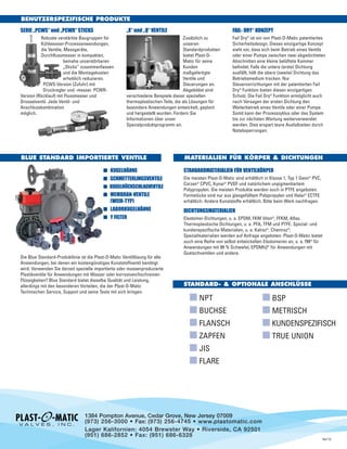 I KUGELHÄHNE
I SCHMETTERLINGSVENTILE
I KUGELRÜCKSCHLAGVENTILE
I MEMBRAN-VENTILE
(WEIR-TYP)
I LABORKUGELHÄHNE
I Y FILTER
Die Blue Standard-Produktlinie ist die Plast-O-Matic Ventillösung für alle
Anwendungen, bei denen ein kostengünstiges Kunststoffventil benötigt
wird. Verwenden Sie derzeit spezielle importierte oder massenproduzierte
Plastikventile für Anwendungen mit Wasser oder korrosiven/hochreinen
Flüssigkeiten? Blue Standard bietet dieselbe Qualität und Leistung,
allerdings mit den besonderen Vorteilen, die der Plast-O-Matic
Technischen Service, Support und seine Tests mit sich bringen.
®
100 c 30B
BENUTZERSPEZIFISCHE PRODUKTE
SERIE „PCWS“ und „PCWR“ STICKS
Robuste verstärkte Baugruppen für
Kühlwasser-Prozessanwendungen,
die Ventile, Messgeräte,
Durchflussmesser in kompakten,
beinahe unzerstörbaren
„Sticks“ zusammenfassen
und die Montagekosten
erheblich reduzieren.
PCWS-Version (Zufuhr) mit
Druckregler und -messer. PCWR-
Version (Rücklauf) mit Flussmesser und
Drosselventil. Jede Ventil- und
Anschlusskombination
möglich.
BLUE STANDARD IMPORTIERTE VENTILE
FAIL- DRY®
KONZEPT
Fail Dry®
ist ein von Plast-O-Matic patentiertes
Sicherheitsdesign. Dieses einzigartige Konzept
sieht vor, dass sich beim Betrieb eines Ventils
oder einer Pumpe zwischen zwei abgedichteten
Abschnitten eine kleine belüftete Kammer
befindet. Falls die untere (erste) Dichtung
ausfällt, hält die obere (zweite) Dichtung das
Betriebsmedium trocken. Nur
Steuervorrichtungen mit der patentierten Fail
Dry®
Funktion bieten diesen einzigartigen
Schutz. Die Fail Dry®
Funktion ermöglicht auch
nach Versagen der ersten Dichtung den
Weiterbetrieb eines Ventils oder einer Pumpe.
Somit kann der Prozesszyklus oder das System
bis zur nächsten Wartung weiterverwendet
werden. Dies erspart teure Ausfallzeiten durch
Notabsperrungen.
„X“ und „Q“ VENTILE
Zusätzlich zu
unseren
Standardprodukten
bietet Plast-O-
Matic für seine
Kunden
maßgefertigte
Ventile und
Steuerungen an.
Abgebildet sind
verschiedene Beispiele dieser speziellen
thermoplastischen Teile, die als Lösungen für
besondere Anwendungen entwickelt, geplant
und hergestellt wurden. Fordern Sie
Informationen über unser
Spezialproduktprogramm an.
1384 Pompton Avenue, Cedar Grove, New Jersey 07009
(973) 256-3000 • Fax: (973) 256-4745 • www.plastomatic.com
Lager Kalifornien: 4054 Brewster Way • Riverside, CA 92501
(951) 686-2852 • Fax: (951) 686-6328
04/12
STANDARDMATERIALIEN FÜR VENTILKÖRPER
Die meisten Plast-O-Matic sind erhältlich in Klasse 1, Typ 1 Geon®
PVC,
Corzan®
CPVC, Kynar®
PVDF und natürlichem unpigmentiertem
Polypropylen. Die meisten Produkte werden auch in PTFE angeboten.
Formstücke sind nur aus glasgefülltem Polypropylen und Halar®
ECTFE
erhältlich. Andere Kunststoffe erhältlich. Bitte beim Werk nachfragen.
DICHTUNGSMATERIALIEN
Elastomer-Dichtungen, u. a. EPDM, FKM Viton®
, FFKM, Aflas.
Thermoplastische Dichtungen, u. a. PFA, TFM und PTFE. Spezial- und
kundenspezifische Materialien, u. a. Kalrez®
, Chemraz®
;
Spezialmaterialien werden auf Anfrage angeboten. Plast-O-Matic bietet
auch eine Reihe von selbst entwickelten Elastomeren an, u. a. f99®
für
Anwendungen mit 99 % Schwefel, EPDMh2®
für Anwendungen mit
Quetschventilen und andere.
MATERIALIEN FÜR KÖRPER & DICHTUNGEN
STANDARD- & OPTIONALE ANSCHLÜSSE
I NPT
I BUCHSE
I FLANSCH
I ZAPFEN
I JIS
I FLARE
I BSP
I METRISCH
I KUNDENSPEZIFISCH
I TRUE UNION
 