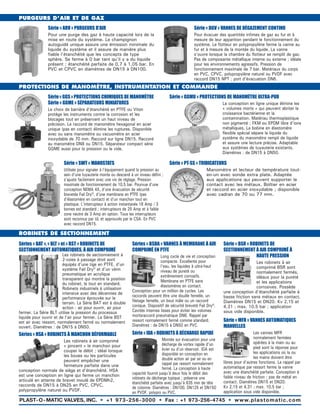 PURGEURS D’AIR ET DE GAZ
Série « DGV » VANNES DE DÉGAZEMENT CONTINU
Pour évacuer des quantités infimes de gaz au fur et à
mesure de leur apparition pendant le fonctionnement du
système. Le flotteur en polypropylène ferme la vanne au
fur et à mesure de la montée du liquide. La vanne
s’ouvre lorsque la chambre du flotteur se remplit de gaz.
Pas de composante métallique interne ou externe ; idéale
pour les environnements agressifs. Pression de
fonctionnement maximale de 7 bar. Matériaux du corps
en PVC, CPVC, polypropylène naturel ou PVDF avec
raccord DN15 NPT ; port d’évacuation DN6.
Série « ARV » PURGEURS D’AIR
Pour une purge des gaz à haute capacité lors de la
mise en route du système. Le champignon
autoguidé unique assure une émission minimale du
liquide du système et il assure de manière plus
fiable l’étanchéité que les concepts de type
sphère. Se ferme à 0 bar tant qu’il y a du liquide
présent ; étanchéité parfaite de 0,7 à 1,05 bar. En
PVC et CPVC en diamètres de DN15 à DN100.
ROBINETS DE SECTIONNEMENT
Séries « BAT », « BLT » et « BST » ROBINETS DE
SECTIONNEMENT AUTOMATIQUES, À AIR COMPRIMÉ
Les robinets de sectionnement à
2-voies à passage droit sont
équipés d’une tige en PTFE, d’un
système Fail Dry® et d’un vérin
pneumatique en acrylique
transparent qui montre la position
du robinet, le tout en standard.
Robinets industriels à utilisation
intensive avec des décennies de
performance éprouvée sur le
terrain. La Série BAT est à double
action : air pour ouvrir, air pour
fermer. La Série BLT utilise la pression du processus
liquide pour ouvrir et de l’air pour fermer. La Série BST
est air avec ressort, normalement fermé ou normalement
ouvert. Diamètres : de DN15 à DN50.
Séries « BSDA » VANNES À MEMBRANE À AIR
COMPRIMÉ EN PTFE
Long cycle de vie et conception
compacte. Excellente pour
l’eau, les liquides à ultra-haut
niveau de pureté ou
extrêmement corrosifs.
Membrane en PTFE sans
élastomères en contact.
Conception pour un million de cycles. Les
raccords peuvent être une douille femelle, un
filetage femelle, un bout mâle ou un raccord
conique. Dispositif de sécurité breveté Fail Dry®.
Cavités internes lisses pour éviter les volumes
mortsraccord pneumatique DN6. Rappel par
ressort normalement fermé comme standard.
Diamètres : de DN15 à DN50 en PVC.
Série « BSR » ROBINETS DE
SECTIONNEMENT À AIR COMPRIMÉ À
HAUTE PRESSION
Les robinets à air
comprimé BSR sont
normalement fermés,
idéaux pour la pureté
et les applications
corrosives. Possède
une conception d’étanchéité parfaite à
basse friction sans métaux en contact.
Diamètres DN15 et DN20. Kv 2,15 et
4,31 ; max. 10,5 bar ; application
sous vide disponible.
Séries « HSA » ROBINETS À MANCHON DÉFORMABLE
Les robinets à air comprimé
« pincent » le manchon pour
couper le débit ; idéal lorsque
les boues ou les particules
peuvent empêcher une
fermeture parfaite dans une
conception normale de siège et d’étanchéité. HSA
est une conception en ligne qui ferme un manchon
articulé en attente de brevet moulé de EPDMh2,
raccords de DN15 à DN25 en PVC, CPVC,
polypropylène naturel ou PVDF.
Série « IDA » ROBINETS À DÉCHARGE RAPIDE
Montée sur évacuation pour une
décharge de vortex rapide d’un
évier ou d’un réservoir. IDA est
disponible en conception en
double action air par air ou en
rappel par ressort normalement
fermé. La conception à haute
capacité fournit jusqu’à deux fois le débit des
robinets de décharge typique ; préserve une
étanchéité parfaite avec jusqu’à 635 mm de tête
de colonne. Diamètres : DN100, DN125 et DN150
en PVDF, polypro ou PVC.
Série « MFR » VANNES AUTOMATIQUES
MANUELLES
Les vannes MFR
normalement fermées
opérées à la main ou au
pied sont la réponse pour
les applications où la ou
les mains doivent être
libres pour d’autres fonctions. Le rappel par
automatique par ressort ferme la vanne
avec une étanchéité parfaite. Conception à
faible niveau de friction ; pas de métal en
contact. Diamètres DN15 et DN20.
Kv 2,15 et 4,31 ; max. 10,5 bar ;
application sous vide disponible.
PROTECTIONS DE MANOMÈTRE, INSTRUMENTATION ET COMMANDE
Série « GGS » PROTECTIONS CHIMIQUES DE MANOMÈTRE
Série « GGME » SÉPARATEURS MINIATURES
Le choix de barrière d’étanchéité en PTFE ou Viton
protège les instruments contre la corrosion et les
blocages tout en préservant un haut niveau de
précision. Le raccord de manomètre hexagonal en acier
unique (pas en contact) élimine les ruptures. Disponible
avec ou sans manomètre ou vacuomètre en acier
inoxydable de 70 mm. Raccord sur ligne DN15. Raccord
au manomètre DN8 ou DN15. Séparateur compact série
GGME aussi pour la pression ou le vide.
Série « GGMU » PROTECTIONS DE MANOMÈTRE ULTRA-PUR
La conception en ligne unique élimine les
« volumes morts » qui peuvent abriter la
croissance bactérienne et la
contamination. Matériau thermoplastique
non pigmenté ; FKM ou EPDM libre d’ions
métalliques. La bobine en élastomère
flexible spécial sépare le liquide du
système du manomètre rempli de liquide
et assure une lecture précise. Adaptable
aux systèmes de tuyauterie existants.
Diamètres : de DN15 à DN50.
Série « SWT » MANOSTATS
Utilisée pour signaler à l’équipement quand la pression au
sein d’une tuyauterie monte ou descend à un niveau défini ;
s’ajuste facilement avec une vis de réglage. Pression
maximale de fonctionnement de 10,5 bar. Pourvue d’une
conception NEMA 4X, d’une évacuation de sécurité
brevetée Fail Dry®, d’une membrane en PTFE (pas
d’élastomère en contact) et d’un manchon tout en
plastique. L’interrupteur à action instantanée 16 Amp / 3
bornes est standard ; interrupteurs de 25 Amp et à faible
zone neutre de 3 Amp en option. Tous les interrupteurs
sont reconnus par UL et approuvés par le CSA. En PVC
avec raccord DN15.
Série « PT-SS » TRIDICATEURS
Manomètre et lecteur de température tout-
en-un avec sonde extra plate. Adaptée
aux applications qui peuvent supporter le
contact avec les métaux. Boîtier en acier
et raccord en acier inoxydable ; disponible
avec cadran de 70 ou 77 mm.
PLAST-O-MATIC VALVES, INC. • +1 973-256-3000 • Fax : +1 973-256-4745 • www.plastomatic.com
 