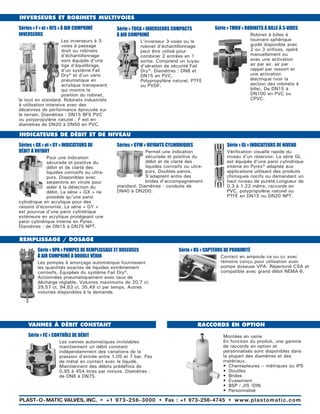 Série « TMBV » ROBINETS À BILLE À 3-VOIES
Robinet à billes à
tournant sphérique
guidé disponible avec
2 ou 3 orifices, opéré
manuellement ou
avec une activation
air par air, air par
rappel par ressort et
une activation
électrique (voir la
section des robinets à
bille). De DN15 à
DN100 en PVC ou
CPVC.
INVERSEURS ET ROBINETS MULTIVOIES
Séries « F » et « BFS » À AIR COMPRIMÉ
INVERSEURS
Les inverseurs à 3-
voies à passage
droit ou robinets
d’échantillonnage
sont équipés d’une
tige d’équilibrage,
d’un système Fail
Dry® et d’un vérin
pneumatique en
acrylique transparent
qui montre la
position du robinet,
le tout en standard. Robinets industriels
à utilisation intensive avec des
décennies de performance éprouvée sur
le terrain. Diamètres : DN15 BFS PVC
ou polypropylène naturel ; F est en
diamètres de DN20 à DN50 en PVC.
Série « TUCA » INVERSEURS COMPACTS
À AIR COMPRIMÉ
L’inverseur 3-voies ou le
robinet d’échantillonnage
peut être utilisé pour
combiner 2 entrées en 1
sortie. Comprend un tuyau
d’aération de sécurité Fail
Dry®. Diamètres : DN8 et
DN15 en PVC,
Polypropylène naturel, PTFE
ou PVDF.
Série « GL » INDICATEURS DE NIVEAU
Vérification visuelle rapide du
niveau d’un réservoir. La série GL
est équipée d’une paroi cylindrique
interne en Pyrex® adaptée aux
applications utilisant des produits
chimiques nocifs ou demandant un
haut niveau de pureté.Longueur de
0,3 à 1,22 mètre, raccords en
PVC, polypropylène naturel ou
PTFE en DN15 ou DN20 NPT.
INDICATEURS DE DÉBIT ET DE NIVEAU
Séries « GX » et « GY » INDICATEURS DE
DÉBIT À VOYANT
Pour une indication
sécurisée et positive du
débit et de clarté des
liquides corrosifs ou ultra-
purs. Disponibles avec
serpentins en vinyle pour
aider à la détection du
débit. La série « GX » ne
possède qu’une paroi
cylindrique en acrylique pour des
raisons d’économie. La série « GY »
est pourvue d’une paroi cylindrique
extérieure en acrylique protégeant une
paroi cylindrique interne en Pyrex.
Diamètres : de DN15 à DN75 NPT.
Séries « GYW » VOYANTS CYLINDRIQUES
Permet une indication
sécurisée et positive du
débit et de clarté des
liquides corrosifs ou ultra-
purs. Doubles parois.
S’adaptent entre des
brides d’accompagnement
standard. Diamètres : conduite de
DN40 à DN200.
Série « RS » CAPTEURS DE PROXIMITÉ
Contact en ampoule ca ou cc avec
témoins conçu pour utilisation avec
pompe doseuse VPA. Répertorié CSA et
compatible avec grand débit NEMA-6.
VANNES À DÉBIT CONSTANT RACCORDS EN OPTION
REMPLISSAGE / DOSAGE
Série « FC » CONTRÔLE DE DÉBIT
Les vannes automatiques inviolables
maintiennent un débit constant
indépendamment des variations de la
pression d’entrée entre 1,05 et 7 bar. Pas
de métal en contact avec le liquide.
Maintiennent des débits prédéfinis de
0,95 à 454 litres par minute. Diamètres :
de DN8 à DN75.
Série « VPA » POMPES DE REMPLISSAGE ET DOSEUSES
À AIR COMPRIMÉ À DOUBLE VÉRIN
Les pompes à amorçage automatique fournissent
les quantités exactes de liquides extrêmement
corrosifs. Équipées du système Fail Dry®.
Actionnées pneumatiquement avec taux de
décharge réglable. Volumes maximums de 20,7 cl,
29,57 cl, 94,63 cl, 35,49 cl par temps. Autres
volumes disponibles à la demande.
PLAST-O-MATIC VALVES, INC. • +1 973-256-3000 • Fax : +1 973-256-4745 • www.plastomatic.com
Montées en usine
En fonction du produit, une gamme
de raccords en option et
personnalisés sont disponibles dans
la plupart des diamètres et des
matériaux.
• Chantepleures – métriques ou IPS
• Douilles
• Brides
• Évasement
• BSP / JIS /DIN
• Personnalisé
 