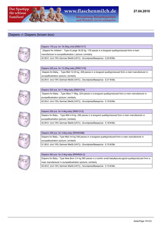 27.04.2010




Diapers -/- Diapers (brown box)


                      Diapers 176 pcs. for 18-35kg child [RI601317]
                       Diapers for children - Type X-Large 18-35 kg 176 pieces in a boxgood qualityproduced from a main
                      manufacturer in europeIllustration ( picture ) similarly
                      42.95 € (incl 19% German MwSt.(VAT)) , Grundpreis/Baseprice: 0.24 €/Stk.



                      Diapers 208 pcs. for 12-25kg baby [RI601316]
                      Diapers for Baby - Type Midi 12-25 kg 208 pieces in a boxgood qualityproduced from a main manufacturer in
                      europeIllustration (picture ) similarly
                      42.95 € (incl 19% German MwSt.(VAT)) , Grundpreis/Baseprice: 0.21 €/Stk.



                      Diapers 224 pcs. for 7-16kg baby [RI601314]
                      Diapers for Baby - Type Maxi 7-16kg 224 pieces in a boxgood qualityproduced from a main manufacturer in
                      europeIllustration (picture ) similarly
                      42.95 € (incl 19% German MwSt.(VAT)) , Grundpreis/Baseprice: 0.19 €/Stk.



                      Diapers 256 pcs. for 4-9kg baby [RI601313]
                      Diapers for Baby - Type Midi 4-9 kg 256 pieces in a boxgood qualityproduced from a main manufacturer in
                      europeIllustration (picture ) similarly
                      42.95 € (incl 19% German MwSt.(VAT)) , Grundpreis/Baseprice: 0.18 €/Stk.



                      Diapers 336 pcs. for 3-6kg baby [RIWIN36B]
                      Diapers for Baby - Type Midi 3-6 kg 336 pieces in a boxgood qualityproduced from a main manufacturer in
                      europeIllustration (picture ) similarly
                      51.95 € (incl 19% German MwSt.(VAT)) , Grundpreis/Baseprice: 0.15 €/Stk.



                      Diapers 360 pcs. for 2-4kg baby [RIWIN24-3]
                      Diapers for Baby - Type New Born 2-4 kg 360 pieces in a boxfor small baby&acute;sgood qualityproduced from a
                      main manufacturer in europeIllustration (picture ) similarly
                      54.95 € (incl 19% German MwSt.(VAT)) , Grundpreis/Baseprice: 0.15 €/Stk.




                                                                                                                  Seite/Page 74/123
 