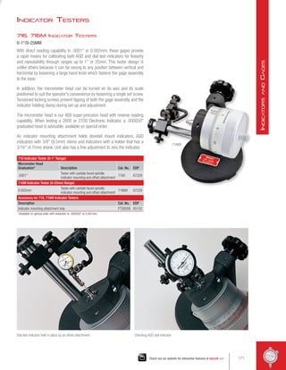 Indicator Testers
716, 716M Indicator Testers
0-1/0-25MM
With direct reading capability to .0001 or 0.002mm, these gages provide
a rapid means for calibrating both AGD and dial test indicators for linearity
and repeatability through ranges up to 1 or 25mm. This tester design is
unlike others because it can be swung to any position between vertical and
horizontal by loosening a large hand knob which fastens the gage assembly
to the base.
In addition, the micrometer head can be turned on its axis and its scale
positioned to suit the operator's convenience by loosening a single set screw.
Tensioned locking screws prevent tipping of both the gage assembly and the
indicator holding clamp during set-up and adjustment.
The micrometer head is our 469 super-precision head with reverse reading
capability. When testing a 2600 or 2700 Electronic Indicator, a .000050
graduated head is advisable, available on special order.
An indicator mounting attachment holds dovetail mount indicators, AGD
indicators with 3/8 (9.5mm) stems and indicators with a holder that has a
3/16 (4.7mm) shank. Unit also has a fine adjustment to zero the indicator.
716 Indicator Tester (0-1 Range)
Micrometer Head
Graduation* Description Cat. No. EDP
.0001
Tester with carbide faced spindle,
indicator mounting and offset attachment
716X 67228
716M Indicator Tester (0-25mm Range)
0.002mm
Tester with carbide faced spindle,
indicator mounting and offset attachment
716MX 67229
Accessory for 716, 716M Indicator Testers
Description Cat. No. EDP
Indicator mounting attachment only PT26009 65102
*Available on special order with resolution to .000050 or 0.001mm.
716MX
Dial test indicator held in place by an offset attachment Checking AGD dial indicator
171
Check out our website for interactive features at starrett.com
I
ndicators
and
G
ages
 