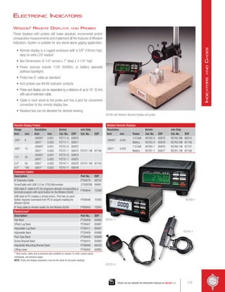 Wisdom®
Remote Displa
ys and Probes
These displays with probes will make absolute, incremental and/or
comparative measurements and implement all the features ofWisdom
Indicators. System is suitable for any stand-alone gaging application.
•	 Remote display is a rugged enclosure with a 5/8 (16mm) high,
easy-to-view LCD readout
•	 Box Dimensions: 6-1/4 across x 7 deep x 3-1/4 high
•	 Power sources include 110V 50/60hz, or battery operated
(without backlight)
•	 Probe has 6' cable as standard
•	 Inch probes use #4/48 indicator contacts
•	 Probe and display can be separated by a distance of up to 18 ' (5.4m)
with use of extension cable
•	 Cable is hard wired to the probe and has a jack for convenient
connection to the remote display box
•	 Readout box can be elevated for desired viewing
Remote Display Probes
Range Resolution In/mm mm Only
Inch mm Inch mm Cat. No. EDP Cat. No. EDP
.250 6
.00005 0.001 P2711-0 65870
.0001 0.002 P2711-1 65871
.600 15
.00005 0.001 P2721-0 65872
.0001 0.002 P2721-1 65873 P2721-1M 67146
1.0 25
.00005 0.001 P2731-0 65874
.0001 0.002 P2731-1 65875
2.0 50 .0001 0.002 P2741-1 65978 P2741-1M 67143
4.0 100 .0001 0.002 P2751-1 65979
Extension Cables
Description Part No. EDP
6' Extension Cable PT05679 68752
SmartCable with USB 2.0 for 2700 Micrometer 2700SCKB 69891
USB style 6' cable to PC for programs already incorporating a
terminal program with send button for the Wisdom IQ/AD
PT60644 72589
USB style to PC creates a virtual comm.; Port has no send
button requires command from PC to acquire reading for
Wisdom IQ/AD
PT60646 72592
6' long cable to remote reader for the Wisdom IQ/AD PT60645 72591
Backs/Lever*
Description Part No. EDP
Flat Back PT26406 65886
Offset Lug Back PT26407 65887
Adjustable Lug Back PT26411 65891
Adjustable Back PT26408 65888
Post-Type Back PT26409 65889
Screw Bracket Back PT26410 65890
Adjustable Mounting Bracket Back PT26848 66293
Lifting Lever PT26405 65885
* Other backs, styles and accessories also available by request. To order contact points
individually, see previous pages.
NOTE: Probe and display resolutions must be the same for accurate readings.
Wisdom Remote Displays
Resolution
Power
In/mm mm Only
Inch mm Cat. No. EDP Cat. No. EDP
.00005 0.001
110 Volt R2762-0 65878 R2762-0M 66514
Battery R2763-0 65879 R2763-0M 67149
.0001 0.002
110 Volt R2760-1 65876 R2760-1M 67147
Battery R2761-1 65877 R2761-1M 67148
R2760 with Wisdom Remote Display and probe.
R2761-1
P2721-0
R2760-1
P2741-1
Electronic Indicators
175
Check out our website for interactive features at starrett.com
I
ndicators
and
G
ages
 