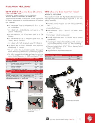 657-1, 657-2 Magnetic Base Universal
Indicator Holder
WITH TRIPLE JOINTED ARM AND FINE ADJUSTMENT
This versatile indicator holder has three pivots available for positioning
the indicator where needed.All pivots are controlled by one tightening
knob. It will hold:
•	 Any indicator with a 3/8 (9.5mm) stem (such as our 25, 650
and 651 Indicators)
•	 Any indicator with a standard dovetail mount (such as our 708,
709, and 811 Indicators)
•	 Any indicator with a 1/4 (6.3mm) shank (such as our 196
Indicator)
•	 Any indicator with a 3/16 (4.7mm) shank (such as our 708,
709, 811 and 711 Indicators)
•	 Any indicator with a body clamp (such as our 711 Indicators)
•	 The working area is within a hemisphere having a radius of
approximately 12 (300mm)
•	 The very sensitive fine-adjustment is located on the magnetic
base to eliminate indicator deflection when it is being adjusted
•	 The 657-3 Universal Indicator Holder Arm Assembly can also be
used on the 659P Base using the 659 Thread Adaptor, PT18318
657-1 and 657-2 Magnetic Base Universal Indicator Holders - Individual
Components
Photo Key Description Cat. No. EDP
A Universal Indicator Holder Arm Assembly Only 657-3 64438
B Fine-Adjustment Attachment 657W 52763
C Indicator Holding Rod PT17850 72400
D Magnetic Base Only 657P 52757
E Snug with Two 1/4 (6.3 mm) Holes 657S 52759
657-1 and 657-2 Magnetic Base Universal Indicator Holders - Complete
Assemblies
Description Cat. No. EDP
Universal Indicator Holder, 657W Fine-Adjustment, 657P
Magnetic Base, PT17850 Indicator Holding Rod, and 657S Snug
657-1 64436
Universal Indicator Holder with 657 Magnetic Base 657-2 64437
660 Magnetic Base Indicator Holder
Description Cat. No. EDP
Base Indicator Holder 660 68621
660 shown with Dial Indicator
657-1 with 196B1 Universal Dial
Indicator
709A Dial Test Indicator with
dovetail mount
660 Magnetic Base Indicator Holder
WITH TRIPLE JOINTED ARM
The compact and versatile 660 Magnetic Base Indicator Holder has
three adjustable pivots controlled by a single knob for fast, easy
indicator positioning.
•	 Small but powerful magnetic base with 70lb (320N) 
holding
force
•	 Positive On/Off switch
•	 Base Dimensions: 1-3/16 x 1-9/16 x 1-3/8 (30mm x 40mm
x 35mm)
•	 Horizontal and vertical mounting positions
•	 Will hold any indicator with a 3/8 (9.5mm) stem or standard
dovetail mount
•	 Articulating arm with powerful central locking knob, provides full
360º horizontal positioning and over 180º vertical positioning
•	 Maximum Horizontal Reach:4.750 (120mm); MaximumVertical
Reach: 7.500 (190mm)
•	 Very sensitive fine-adjustment thumb screw
Indicator Holders
A
B
D
C
181
Check out our website for interactive features at starrett.com
I
ndicators
and
G
ages
 