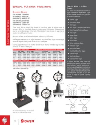 Special Function Dial
Gages
This section includes special function dial
gages that we list as regular items. Gages
are also available with electronic indicators
on request, where noted.
•	 Chamfer Gages
•	 Countersink Gages
•	 Hole Gages
•	 Bore Gages – See Bore Gage Section
•	 Direct-Reading Thickness Gages
•	 Snap Gages
•	 Groove Gages
•	 Caliper Gages
•	 Depth Gages
•	 Out-of-roundness Gages
•	 Inside Dial Gages
•	 Automotive Gages
•	 Crankshaft Distortion Gages
•	 Cylinder Gages
•	 Disc Brake Gages
•	 Large Diameter Gages
In addition, we have made many other
special function gages to suit a wide variety
of our customers' specific requirements. If
you have a special application,we invite you
to submit your drawings and specifications
to our Special Order Department at 121
Crescent Street, Athol, MA 01331, USA.
We will be happy to provide a prompt
quotation.
Chamfer Gages
FOR INTERNAL CHAMFERS:
683 CHAMFER GAGE 0-90º
684 CHAMFER GAGE 90-127º
FOR EXTERNAL CHAMFERS:
685 CHAMFER GAGE 0-90º
686 CHAMFER GAGE 90-127º
These gages directly measure the diameter of chamfered holes. No setting master is
necessary. When the three-blade plunger is pressed against a flat surface, the gage should
read the set number stamped on the back of the indicator. In case of wear, the gage may be
adjusted to read the proper number.
All ground surfaces are of hardened tool steel. Indicators are AGD design.
Internal gages will measure the largest diameter of any chamfer that has an included angle
within the range of angles printed on the dial face of the gage.
External gages will measure the smallest diameter of any chamfer within the range of angles
printed on the dial face of the gage.
683 Inch Reading Internal Gages 684 Millimeter Reading Internal Gages with Yellow Dials
Range
0-90º Angle 90-127º Angle
Range
0-90º Angle 90-127º Angle
Cat. No. EDP Cat. No. EDP Cat. No. EDP Cat. No. EDP
0-3/8 683-1Z 63684 684-1Z 63688 0-9.5mm 683M-1Z 64989 684M-1Z 64993
0-1/2 683-2Z 63685 684-2Z 63689 0-12.7mm 683M-2Z 64990 684M-2Z 64994
0-1 683-3Z 63686 684-3Z 63690 0-25mm 683M-3Z 64991 684M-3Z 64995
1-2 683-4Z 63687 684-4Z 63691 25-50mm 683M-4Z 64992 684M-4Z 64996
685 Inch Reading External Gages 686 Millimeter Reading External Gages with Yellow Dials
1/8-1/2 685-1Z 63692 686-1Z 63695 3.2-12.7mm 685M-1Z 64997 686M-1Z 65000
3/16-1 685-2Z 63693 686-2Z 63696 4.7-25mm 685M-2Z 64998 686M-2Z 65001
1-2 685-3Z 63694 686-3Z 63697 25-50mm 685M-3Z 64999 686M-3Z 65002
Also available with electronic indicators. Please specify.
Gages furnished in deluxe padded case.
685-3Z
686-1Z
685-2Z Internal Chamfer Gage with 695 Check
Stand with F2720-4IQ Electronic Indicator
0-90º
Diameter
90-127º
Diameter
683 (Internal) 684 (Internal)
0-90º
Diameter Diameter
90-127º
685 (External) 686 (External)
683-2Z
Special Function Indicators
186
I
ndicators
and
G
ages
 