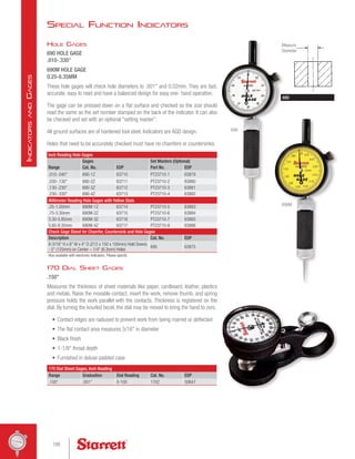 Inch Reading Hole Gages
Range
Gages Set Masters (Optional)
Cat. No. EDP Part No. EDP
.010-.040 690-1Z 63710 PT23710-1 63879
.030-.130 690-2Z 63711 PT23710-2 63880
.130-.230 690-3Z 63712 PT23710-3 63881
.230-.330 690-4Z 63713 PT23710-4 63882
Millimeter Reading Hole Gages with Yellow Dials
.25-1.00mm 690M-1Z 63714 PT23710-5 63883
.75-3.30mm 690M-2Z 63715 PT23710-6 63884
3.30-5.85mm 690M-3Z 63716 PT23710-7 63885
5.85-8.35mm 690M-4Z 63717 PT23710-8 63886
Check Gage Stand for Chamfer, Countersink and Hole Gages
Description Cat. No. EDP
8-3/16 H x 6 W x 4 D (212 x 150 x 100mm) Hold Downs
- 5 (125mm) on Center – 1/4 (6.3mm) Holes
695 63875
Also available with electronic indicators. Please specify.
170 Dial Sheet Gages
.150
Measures the thickness of sheet materials like paper, cardboard, leather, plastics
and metals. Raise the movable contact, insert the work, remove thumb, and spring
pressure holds the work parallel with the contacts. Thickness is registered on the
dial. By turning the knurled bezel, the dial may be moved to bring the hand to zero.
•	 Contact edges are radiused to prevent work from being marred or deflected
•	 The flat contact area measures 5/16 in diameter
•	 Black finish
•	 1-1/8 throat depth
•	 Furnished in deluxe padded case
170 Dial Sheet Gages, Inch Reading
Range Graduation Dial Reading Cat. No. EDP
.150 .001 0-100 170Z 50647
Hole Gages
690 HOLE GAGE
.010-.330
690M HOLE GAGE
0.25-8.35MM
These hole gages will check hole diameters to .001 and 0.02mm. They are fast,
accurate, easy to read and have a balanced design for easy one- hand operation.
The gage can be pressed down on a flat surface and checked so the size should
read the same as the set number stamped on the back of the indicator. It can also
be checked and set with an optional setting master.
All ground surfaces are of hardened tool steel. Indicators are AGD design.
Holes that need to be accurately checked must have no chamfers or countersinks.
690
690M
Measure
Diameter
690
Special Function Indicators
188
I
ndicators
and
G
ages
 