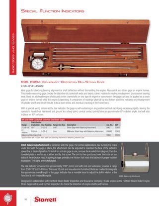 Special Function Indicators
696, 696M Crankshaft Distortion Dial/Strain Gage
2-3/8–18/61–458MM
Ideal gage for checking bearing alignment or shaft deflection without dismantling the engine. Also useful as a strain gage on engine frames.
This inside measuring gage checks the distortion of crankshaft webs and bears a direct relation to existing misalignment or excessive bearing
wear. Used on all diesel engine shafts and center crankshafts on any type of engine or compressor, the gage can also be applied as a strain
gage on engine frames while the engine is operating.A comparison of readings taken at top and bottom positions indicates any misalignment
of cylinder and frame which results in local over-stress and eventual cracking of the frame neck.
With a special spring tension in the dial indicator, the gage is self-sustaining in any position without sacrificing necessary rigidity, leaving the
operator's hands free. Hardened and ground to a sharp point, conical contact points have an approximate 60º included angle, and will stay
in place on 45º surfaces.
696 and 696M Crankshaft Distortion Dial/Strain Gages
Range
Dial Indicator
Description Cat. No. EDP
Graduation Dial Reading Range One Rev.
2-3/8–18 .001 0-20-0 .040 Strain Gage with Balancing Attachment 696Z 52901
61-
458mm
0.02mm 0-50-0 1mm Millimeter Strain Gage with Balancing Attachment 696MZ 52902
Balancing Attachment Only 696B 52903
Gage furnished with 10 rods, sharp points and balancing attachment in attractive, protective case.
696B Balancing Attachment is furnished with the gage. For certain applications, like turning the crank
under test with the gage in place, the attachment can be adjusted to maintain the face of the indicator
upward or in desired position.To install on a strain gage in use, remove the knurled clamping nut, then the
doweled plate or end strap at either end by the screw. The unit is then positioned over the hubs on two
sides of the indicator head. A spring plunger provides the friction that holds the balance in proper relation
to position. The parts are nickel plated.
The dial indicator movement is approximately 5/32 (4mm) and with rods and extension, provides a range
from 2 3/8-18 or 61-458mm.There are 10 rods and one extension furnished.Rods are marked to designate
the approximate overall length of the gage. Indicator has a movable bezel to adjust the dial in relation to the
hand and a non-breakable crystal.
Designed in collaboration with Hartford Steam Boiler Inspection and Insurance Company. It was known as the Hartford Steam Boiler Engine
Strain Gage and is used by their inspectors to check the distortion of engine shafts and frames.
696B Balancing Attachment
196
I
ndicators
and
G
ages
 