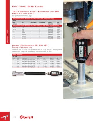 Electronic Bore Gages
780XT Electronic Internal Micrometers with IP65
Protection (with output)
See specifications on previous page
780XT Electronic Internal Micrometer Sets, 2-Point Contact (.080-.250 [2-6mm] Range)
Range
No. of Heads No. of Rings Cat. No. EDP
Inch mm
.080-.250 2-6 S780XTBZ 12043
780XT Electronic Internal Micrometer Sets, 3-Point Contact (1/4-8 [6-200mm] Range), Fixed anvils
1/4-3/8 6-10 2 1 S780XTCZ 12044
3/8-3/4 10-20 3 2 S780XTDZ 12045
3/4-2 20-50 3 2 S780XTEZ 12046
2-4 50-100 3 2 S780XTFZ 12047
4-6 100-150 2 1 S780XTKZ 12049
4-8 100-200 4 2 S780XTGZ 12048
6-8 150-200 2 1 S780XTLZ 12050
Internal Extensions
Ext. Size
Fits Models
Model Size
Cat. No. EDP
Inch mm Inch mm
2.5 63 78XT/780XT/781XT–312-375 1/4-3/8 6-10 78/782F 65484
3 75 78XT/780XT/781XT–375-500 3/8-1/2 10-12.5 78/782G 65485
4 100 78XT/780XT/781XT–625-750 1/2-3/4 12.5-20 78/782H 65486
6 150 78XT/780XT/781XT–1 thru 2 3/4-2 20-50 78/782J 65487
6 150 78XT/780XT/781XT–2 thru 12 2-12 50-300 78/782K 65488
Internal Extensions for 78, 780, 781
Internal Micrometers
Extensions from 2-1/2 - 6 can be added to both the 780XT and 78XT, enabling internal
measurements in deep hole bores (Multiple extensions can also be used).
210
B
ore
G
ages
 