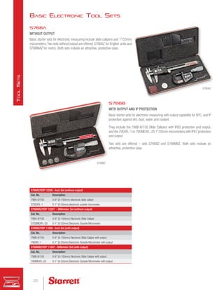 S766B
WITH OUTPUT AND IP PROTECTION
Basic starter sets for electronic measuring with output capability for SPC, and IP
protection against dirt, dust, water and coolant.
They include the 798B-6/150 Slide Calipers with IP65 protection and output,
and the 795XFL-1 or 795MEXFL-25 1/25mm micrometers with IP67 protection
and output.
Two sets are offered – sets S766BZ and S766MBZ. Both sets include an
attractive, protective case.
Basic Electronic Tool Sets
S766A
WITHOUT OUTPUT
Basic starter sets for electronic measuring include slide calipers and 1/25mm
micrometers.Two sets without output are offered: S766AZ for English units and
S766MAZ for metric. Both sets include an attractive, protective case.
S766AZ/EDP 12206 - Inch Set (without output)
Cat. No. Description
799A-6/150 0-6 (0-150mm) electronic slide caliper
3732XFL-1 0-1 (0-25mm) electronic outside micrometer
S766MAZ/EDP 12207 - Millimeter Set (without output)
Cat. No. Description
799A-6/150 0-6 (0-150mm) Electronic Slide Caliper
3732MEXFL-25 0-1 (0-25mm) Electronic Outside Micrometer
S766BZ/EDP 11606 - Inch Set (with output)
Cat. No. Description
798B-6/150 0-6 (0-150mm) Electronic Slide Caliper with output
795XFL-1 0-1 (0-25mm) Electronic Outside Micrometer with output
S766MBZ/EDP 11607 - Millimeter Set (with output)
Cat. No. Description
798B-6/150 0-6 (0-150mm) Electronic Slide Caliper with output
795MEXFL-25 0-1 (0-25mm) Electronic Outside Micrometer with output
S766AZ
S766BZ
222
T
ool
S
ets
 
