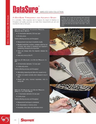Method 1: Measure, Handwrite Resul
ts,
Remote Data Entry
•	 37 time/motion elements, 28.9 sec./part
•	 62 entry errors
Factors affecting accuracy and throughput:
•	 Measurement must stop to handwrite results.
•	 Illegible handwritten numbers, mistakes noted but not
corrected, data written in shorthand and inspector's
handwriting misread by the transcriber
•	 Value can change when the inspector releases the
caliper
•	 Data entry errors at the PC
Method 2: Measure and Enter Resul
ts to
PC
•	 20 time/motion elements: 15.3 sec./part
•	 4 data entry errors
Factors affecting accuracy and throughput:
•	 Alternating measuring and data entry caused errors
•	 Caliper not seated correctly when released to key-in
data
•	 Missed data entry, incorrect keystrokes, entry to
wrong cell
Method 3: Measure and Enter Resul
ts
Directl
y with DataSure
•	 17 time/motion elements: 6.6 sec./part
•	 0 entry errors
Factors affecting accuracy and throughput:
•	 Measurement technique is maintained
•	 No interpretation or memory errors
•	 Immediate, direct data entry eliminates errors
WIRELESS DATA COLLECTION
Methods 1 and 2 involve time-consuming hand movements
to pickup and put down the tool in order to record data.
Measurement with DataSure is fast and direct. The slowest
method (#1) required 29 second per part with many errors.With
DataSure the same task was nearly 5 times faster – with no
errors.
A DataSure Throughput and Accuracy Study
In a controlled, 100% inspection test to measure the impact of DataSure on
throughput and quality assurance, we made three measurements per part and
recorded the data on 500 parts.
232
D
ata
C
ollection
S
ystems
 