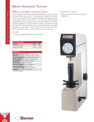 3814 Analog Bench Hardness Tester
The 3814 Hardness Tester provides reliable Rockwell Hardness values on all types
of metal and alloys, hard or soft, and in many shapes. This reliable bench hardness
tester has a high quality casting, is ergonomically designed for easy operation and
is engineered to ensure accurate results. It is an ideal basic hardness solution,
economically priced to suit a variety of lab, workshop, toolroom and inspection
department applications. The 3814 conforms to ASTM E-18 standard. The tester
is furnished with a diamond indentor, a 1/16 (1.6mm) ball indentor, three certified
test blocks, four test tables – 5.87 (149mm) and 2.5 (63.5mm) flat anvils,
5/8(15.9mm) spot anvil and a standard vee anvil – and an accessory case.
Features
•	 Ability to handle Rockwell Scales A through H and K
Specifications
Minor Load 10Kgf
Major Load A: 60Kgf, B: 100Kgf, C: 150Kgf
Test Force Application (Dead weight applies test force)
Test Force Control Hydraulic Dashpot System
Results Display Analog – Dial Gage
Throat Depth 6.6 (168mm)
Maximum Test Height 6.69 (169.9mm) *
Unit Height/Width/Depth
30 x 8.5 x 20
(762 x 216 x 508mm)
Unit Weight 261lb (118kg)
* Requires bench alteration.
3814 Hardness Testers
Description Cat. No. EDP
Analog Hardness Tester 3814 67754
Hardness Tester Stand PT06145 72519
Bench Hardness Testers
•	 Stable cast iron construction
•	 Ideal basic hardness testing for many typical
applications
240
G
age
A
mps
,
H
ardness
and
S
urface
T
esters
 