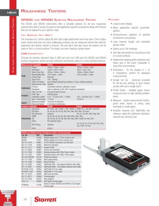Roughness Testers
SR300 and SR400 Surface Roughness Tester
The SR300 and SR400 instruments offer a versatile solution for all your roughness
requirements with a variety of systems and application specific accessories along with fixtures
that can be tailored to your specific need.
Any Surface, Any Height
The inclusion of a 50mm stylus lift with right angle attachment and more than 70mm stylus
reach means that even the most challenging surfaces can be measured without the need for
expensive riser blocks, stands or fixtures. The anti-slip V-feet also mean the system can be
used on flat or curved surfaces. The stylus can even measure upside down!
USB Connectivity
Through its industry standard Type A USB port and mini USB port the SR300 and SR400
Surface Roughness Testers provide extensive connectivity options to many standard devices.
Features
•	 Large screen display
•	 Many application specific parameter
options
•	 Comprehensive selection of optional
accessories and pickups
•	 Long traverse length and extended
pickup reach
•	 Stores up to 100 readings
•	 Anti-slip feet perfect for mounting on flat
or curved surfaces
•	 Rubberized molding adds protection and
better grip in the hand; invaluable in
shop floor environments
•	 Orientation - fix the display in 1 of
4 orientations; perfect for awkward
measurements
•	 Simple Set Up - shortcuts provided
for all the key settings to give instant
access with just a single touch
•	 Profile Graph - detailed graph shows
measured area to help identify problem
areas
•	 Measure - tactile measurement button,
great when device is being used
overhead or inside pipes
•	 Includes traverse unit, TalyProfile Lite
software, stylus lift, calibration standard,
manual and carrying case
SR300 and SR400 Surface Roughness Tester and Accessories
Cat. No. EDP Description
SR300 21000 SR300 display and 17.5mm traverse unit
SR400 21001 SR400 display and 25mm traverse unit
SR-112-1510 20961 7.875/200mm extension rod with lead
SR-112-1534 20962 Reference standard
SR-112-1517 20963 Support stand
SR-112-2693 20964 Column and standard
SR-112-1502 20965 Standard pickup with 200µ/5µmm stylus
SR-112-1503 20957 Standard pickup with 400µ/10µm stylus
SR-155-P28495 20129 Small bore pickup
SR-112-1505 20959 Right angle pickup
SR-112-1506 20960 Recess Pickup
SR-112-3680 20952 TalyProfile Gold - 2D analysis software with cable
SR-112-3681 20953 TalyProfile Silver - 2D analysis software with cable
SR-K509-1578 20954 TalyProfile 8'/2.5m cable
SR-K509-1820 20955 TalyProfile 5'/1.5m cable
SR-112-4570 20998 USB thermal printer
SR-112-4571 20999 Thermal paper
SR-112-4545 20220 Plug adaptors
252Z-14 55890 252 height transfer gage
PT99560 72796
Clamp to attach SR300 and SR400 to 252 height
transfer gage
Measurement Capability SR300 SR400
Gage
Range 200µm, 100µm, 10µm 400µm, 100µm, 10µm
Resolution 100nm, 20nm, 10nm 50nm, 10nm, 5nm
Noise Floor (Ra) 250nm, 150nm, 100nm 150nm, 100nm, 50nm
Repeatability (Ra) 1% of value + noise 0.5% of value + noise
Pickup Type Inductive
Gage Force 150 - 300mg
Stylus Tip Radius 5µm (200µin) default/2µm (80µin) or 10µm (400µin) optional
Measurement Type Skidded
Calibration
Process Automated software calibration routine
Standards Able to calibrate to ISO 4287 roughness standards
Analysis
Filter Cut-Off 0.25mm/0.8mm/2.5mm
Filter Type 2CR/Gaussian
Evaluation Length 0.25 - 12.5mm (0.01 - 0.49in) 0.25 - 25.0mm (0.01 - 0.98in)
Max. X Axis Range 17.5mm 25.5mm
Speed
Measuring Speed 1mm/sec (0.04in/sec)
Returning Speed 1.5mm/sec (0.06in/sec)
Analysis Capability SR300 SR400
Parameters
Standards ISO 4287, ISO 13565-1, ISO 13565-2, ASME 46.1, JIS 0601, N31007
ISO Basic Ra, Rv, Rp, Rz, Rt, Rq, Rsk, Rmr, Rdq, Rpc, RSm, Rz1max
ISO Advanced Optional Rk, A1, A2, Mr1, Mr2, Rpk, Rvk
ASME Ra, Rv, Rp, Rz, Rt, Rq, Rsk, Rdq, RSm, Rpm, Rda
JIS Ra, Rv, Rp, Rz, Rt, Rq, Rsk, Rmr, Rdq, RSm, RzJIS, Rc, Rku, Rdc
Other R3z (Daimler Benz)
ISO Primary Optional
Pa, Pv, Pp, Pz, Pt, Pq, Psk, Pmr, Pdq,
Ppc, PSm, Pz1max
Units µm/µin
250
G
age
A
mps
,
H
ardness
and
S
urface
T
esters
NEW!
 