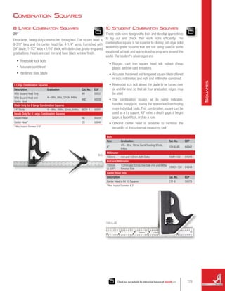 10 Student Combination Squares
These tools were designed to train and develop apprentices
to lay out and check their work more efficiently. The
combination square is far superior to clumsy, old-style solid
workshop-grade squares that are still being used in some
vocational schools and apprenticeship programs around the
world. The student's advantages are:
•	 Rugged, cast iron square head will outlast cheap
plastic and die-cast imitations
•	 Accurate,hardened and tempered square blade offered
in inch, millimeter, and inch and millimeter combined
•	 Reversible lock bolt allows the blade to be turned over
or end-for-end so that all four graduated edges may
be used
•	 The combination square, as its name indicates,
handles many jobs, saving the apprentice from buying
more individual tools. This combination square can be
used as a try square, 45º miter, a depth gage, a height
gage, a layout tool, and as a rule.
•	 Optional center head is available to increase the
versatility of this universal measuring tool
8 Large Combination Squares
Description Graduation Cat. No. EDP
With Square Head Only
4 – 8ths, 6ths, 32nds, 64ths
8H 50037
With Square Head and
Center Head
8HC 50038
Blade Only for 8 Large Combination Squares
24 Blade 4 – 8ths, 16ths, 32nds, 64ths B824-4 50041
Heads Only for 8 Large Combination Squares
Square Head H8 50039
Center Head* C8 50040
* Max. Inspect Diameter: 7.5
Inch
Size Graduation Cat. No. EDP
6
4R – 8ths, 16ths, Quick Reading 32nds,
64ths
10H-6-4R 64942
Millimeter
150mm mm and 1/2mm Both Sides 10MH-150 64943
Inch and Millimeter
150mm
(5-3/4)
1/2mm and 32nds One Side mm and 64ths
Reverse Side
10MEH-150 64944
Center Head Only
Description Cat. No. EDP
Center Head to Fit 10 Squares C11-6 50073
* Max. Inspect Diameter: 4.3
8 Large Combination Squares
24
Extra large, heavy-duty construction throughout. The square head is
8-3/8 long and the center head has 4-1/4 arms. Furnished with
24 blade, 1-1/2 wide x 1/10 thick, with distinctive, photo-engraved
graduations. Heads are cast iron and have black wrinkle finish.
•	 Reversible lock bolts
•	 Accurate spirit level
•	 Hardened steel blade
8HC
10H-6-4R
Combination Squares
279
Check out our website for interactive features at starrett.com
S
quares
 
