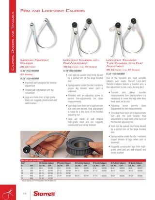 Firm and Lock-Joint Calipers
Improved Firm-Joint
Calipers
26 (Outside)
6-36/150-900MM
27 (Inside)
6-24/150-600MM
•	 Improved joint designed for tension
adjustment
•	 Tension will not change with leg
movement
•	 Legs are made from a high-grade
steel, are ruggedly constructed and
well-finished
Firm and Lock-Joint Calipers
Size* 26 Outside Calipers 27 Inside Calipers 36 Outside Calipers 37 Inside Calipers 38 Outside Calipers 39 Inside Calipers
in mm Cat. No. EDP Cat. No. EDP Cat. No. EDP Cat. No. EDP Cat. No. EDP Cat. No. EDP
6 150 26-6 50186 27-6 50193 36-6 50245 37-6 50249 38-6 50253 39-6 50257
12 300 26-12 50189 27-12 50196 36-12 50246 37-12 50250 38-12 50254 39-12 50258
18 450 26-18 50190 27-18 50197
24 600 26-24 50191 27-24 50198 36-24 50248 37-24 50252 38-24 50256 39-24 50260
36 900 26-36 50192
* Actual capacity is one-third greater than the listed size.
Lock-Joint Calipers with
Fine-Adjustment
38 (Outside) and 39 (Inside)
6-24/150-600MM
•	 Joint can be quickly and firmly locked
by a partial turn of the large knurled
disc
•	 Spring washer under the disc maintains
proper leg tension when joint is
unlocked
•	 Provided with an adjusting screw to
permit fine-adjustments for close
measurements
•	 Once legs have been set to approximate
size and joint locked, final adjustment
is made by a few turns of the knurled
adjusting nut
•	 Legs are made of well shaped
high-grade steel and are ruggedly
constructed and nicely finished
Lock-Joint Transfer
Type Calipers with Fine-
Adjustment
36 (Outside) and 37 (Inside)
6-24/150-600MM
One of the handiest and most versatile
calipers ever made, Starrett Lock-Joint
Transfer Calipers feature a transfer arm, a
fine-adjustment screw, and a locking joint.
•	 Transfer arm allows transfer
measurements from places where it is
necessary to move the legs after they
have been set to size
•	 Adjusting screw permits close
adjustment for fine measurements
•	 Once legs have been set to approximate
size and the joint locked, final
adjustment is made with a few turns of
the knurled adjusting nut
•	 Joint can be quickly and firmly locked
by a partial turn of the large knurled
disc
•	 Spring washer under the disc maintains
proper tension of legs when joint is
loosened
•	 Ruggedly constructed legs from high-
grade steel and are well-shaped and
nicely finished
318
C
alipers
,
D
ividers
and
T
rammels
 