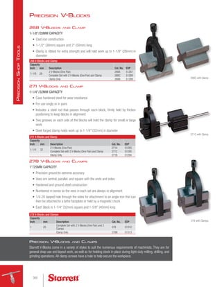 Precision V-Blocks
268 V-Blocks and Clamp
1-1/8/28MM CAPACITY
•	 Cast iron construction
•	 1-1/2 (38mm) square and 2 (50mm) long
•	 Clamp is ribbed for extra strength and will hold work up to 1-1/8 (28mm) in
diameter
Precision V-Blocks and Clamps
Starrett V-Blocks come in a variety of styles to suit the numerous requirements of machinists. They are for
general shop use and layout work, as well as for holding stock in place during light-duty milling, drilling, and
grinding operations. All clamp screws have a hole to help secure the workpiece.
278 V-Blocks and Clamps
Capacity
Description Cat. No. EDP
Inch mm
1 25
Complete Set with 2 V-Blocks (One Pair) and 2
Clamps
278 51312
Clamp Only 278B 51313
268 V-Blocks and Clamp
Capacity
Description Cat. No. EDP
Inch mm
1-1/8 28
2 V-Blocks (One Pair) 268A 51287
Complete Set with 2 V-Blocks (One Pair) and Clamp 268C 51289
Clamp Only 268B 51288 268C with Clamp
271C with Clamp
278 with Clamps
278 V-Blocks and Clamps
1/25MM CAPACITY
•	 Precision ground to extreme accuracy
•	 Vees are central, parallel, and square with the ends and sides
•	 Hardened and ground steel construction
•	 Numbered in series so the vees in each set are always in alignment
•	 1/4-20 tapped hole through the sides for attachment to an angle iron that can
then be attached to a lathe faceplate or held by a magnetic chuck
•	 Each block is 1-1/4 (32mm) square and 1-5/8 (40mm) long
271 V-Blocks and Clamp
1-1/4/32MM CAPACITY
•	 Case hardened steel for wear resistance
•	 For use singly or in pairs
•	 Includes a steel rod that passes through each block, firmly held by friction
positioning to keep blocks in alignment
•	 Two grooves on each side of the blocks will hold the clamp for small or large
work
•	 Steel forged clamp holds work up to 1-1/4 (32mm) in diameter
271 V-Blocks and Clamp
Capacity
Description Cat. No. EDP
Inch mm
1-1/4 32
2 V-Blocks (One Pair) 271A 51293
Complete Set with 2 V-Blocks (One Pair) and Clamp 271C 51295
Clamp Only 271B 51294
360
P
recision
S
hop
T
ools
 