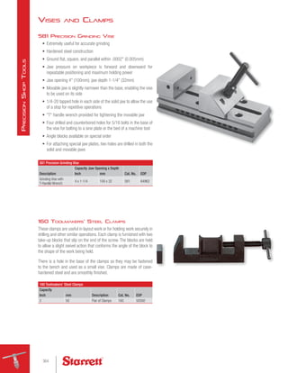 581 Precision Grinding Vise
Description
Capacity Jaw Opening x Depth
Cat. No. EDP
Inch mm
Grinding Vise with
T-Handle Wrench
4 x 1-1/4 100 x 32 581 64962
160 Toolmakers' Steel Clamps
These clamps are useful in layout work or for holding work securely in
drilling and other similar operations. Each clamp is furnished with two
take-up blocks that slip on the end of the screw. The blocks are held
to allow a slight swivel action that conforms the angle of the block to
the shape of the work being held.
There is a hole in the base of the clamps so they may be fastened
to the bench and used as a small vise. Clamps are made of case-
hardened steel and are smoothly finished.
160 Toolmakers' Steel Clamps
Capacity
Description Cat. No. EDP
Inch mm
2 50 Pair of Clamps 160 50592
581 Precision Grinding Vise
•	 Extremely useful for accurate grinding
•	 Hardened steel construction
•	 Ground flat, square, and parallel within .0002 (0.005mm)
•	 Jaw pressure on workpiece is forward and downward for
repeatable positioning and maximum holding power
•	 Jaw opening 4 (100mm), jaw depth 1-1/4 (32mm)
•	 Movable jaw is slightly narrower than the base, enabling the vise
to be used on its side
•	 1/4-20 tapped hole in each side of the solid jaw to allow the use
of a stop for repetitive operations
•	 T handle wrench provided for tightening the movable jaw
•	 Four drilled and counterbored holes for 5/16 bolts in the base of
the vise for bolting to a sine plate or the bed of a machine tool
•	 Angle blocks available on special order
•	 For attaching special jaw plates, two holes are drilled in both the
solid and movable jaws
Vises and Clamps
364
P
recision
S
hop
T
ools
 