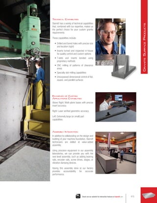 Technical Capabilities
Starrett has a variety of technical capabilities
that, combined with our expertise, makes us
the perfect choice for your custom granite
requirements.
These capabilities include:
•	 Drilled and bored holes with precise size
and location (right)
•	 Inserts turned and inspected in-house
for quality control and custom options
•	 T-slots and inserts bonded using
proprietary methods
•	 CNC milling of patterns of clearance
areas
•	 Specialty slot milling capabilities
•	 Unsurpassed dimensional control of flat,
square, and parallel surfaces
Examples of Custom
Applications Capabilities
Above Right: Multi-plane bases with precise
insert accuracy.
Right: Laser verified geometric accuracy.
Left: Extremely large (or small) part
capabilities.
Assembl
y Integration
In addition to collaborating on the design and
building of your machine foundation, Starrett
technicians are skilled at value-added
assembly.
Using precision equipment in our assembly
laboratories, we can provide you with the
next level assembly, such as adding bearing
rails, encoder rails, screw drives, stages, or
vibration damping devices.
Having this assembly done at our factory
provides accountability for accurate
performance.
415
Check out our website for interactive features at starrett.com
G
ranite
S
urface
P
roducts
 