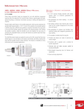 465, 465M, 468, 468M Direct-Reading,
Large Micrometer Heads
0-2/0-50MM
These large micrometer heads are designed for use with electronic equipment
requiring ultra-fine adjustment for machine tools, fixtures, special gages and tools,
special mountings, or wherever micrometer accuracy in setting and adjustment is
required.
Another highly useful feature is the spindle adjustment, which permits adjusting the
spindle length approximately ±1/16 (1.5mm). If the spindle is to be located against
a definite stop and a different zero position is required, first loosen the cap screw
in the end of the thimble, position the spindle to the desired location, then holding
the spindle in position, rotate the thimble to zero and retighten the cap screw. In
achieving this adjustable feature, we have still retained our positive taper-lock large
thimble bearing.
The 468 Micrometer heads are exactly the same as the 465, except that they have
double figures in red and black on the sleeve and thimble, permitting reading both
ways with the spindle moving in either direction. This feature is invaluable on many
instruments and microwave applications.
T465XSP-1
T468XSP-1 with double figures in red and
black on sleeve and thimble for reading
both ways.
465 Mircometer Heads
Cat. No. EDP Range Graduation
T465XSP-1 67121 0-1
.0001
T465XSP-2 67122 0-2
465MXSP-25* 67123 0-25mm
0.002mm
465MXSP-50* 67124 0-50mm
468 Micrometer Heads
T468XSP-1 67125 0-1
.0001
T468XSP-2 67126 0-2
468MXSP-25* 67127 0-25mm
0.002mm
468MXSP-50* 67128 0-50mm
* Metric models specify clamping diameter 25 or 25.4mm. 25.4mm sent
unless otherwise ordered.
Readability, Accuracy and Long-Life
Features:
•	 2-1/16 (52mm) thimble diameter with widely
spaced .0001 or 0.002mm graduations for
direct reading
•	 All graduations are direct reading – no vernier
lines to match
•	 All reading surfaces have Starrett satin chrome
finish as the no-glare background for the sharp
lines and figures
•	 All graduations on sleeves and thimbles have
advanced styling with staggered graduations for
easy reading
•	 The spindle is carbide faced for long life
•	 Thimble and sleeve are made of aluminum to
reduce weight
•	 Furnished with a speeder (not a ratchet) for
quicker adjustment
•	 Extremely hard and stable one-piece spindle for
accuracy and long-life
•	 Micro-lapped measuring face for flatness and
squareness
•	 Quick and easy adjustment
Micrometer Heads
25.000
or
25.400
+.000
-.007
( )
5-1/8
(131)
2-9/16
(65)
5/8
(16)
2-1/16
(52)
19/32
(15)
 .999
1.000
.500
(12.70)
 .312
(7.93)
1-7/16
(36)
.560
(14.22)
25.000
or
25.400
+.000
-.007
( )
7-1/8
(182)
3-9/16
(90)
5/8
(16)
2-1/16
(52)
19/32
(15)
 .999
1.000
.500
(12.70)
 .312
(7.93)
2-7/16
(61)
.560
(14.22)
465, 468 Models 0-1 (0-25mm) dimensions 465, 468 Models 0-2 (0-50mm) dimensions
73
Check out our website for interactive features at starrett.com
M
icrometers
 