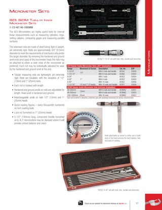 Micrometer Sets
823, 823M Tubular Inside
Micrometer Sets
1-1/2-40/40-1000MM
The 823 Micrometers are highly useful tools for internal
linear measurements such as measuring cylinders, rings,
setting calipers, comparing gages and measuring parallel
surfaces.
The extension rods are made of steel tubing, light in weight,
yet extremely rigid. Rods are approximately 3/8 (9.5mm)
diameter to meet the requirements of mechanics who prefer
this larger diameter. By removing the hardened and ground
anvil ends (end caps) of the micrometer head, the rods may
be attached to either or both ends of the micrometer as
preferred. Each rod may be individually adjusted for wear
by the hardened and ground anvil at the end.
•	 Tubular measuring rods are lightweight, yet extremely
rigid. Rods are insulated, with the exception of 1/2
(13mm) and 1 (25mm) sizes.
•	 Each rod is marked with length
•	 Hardened and ground anvils on rods are adjustable for
length. Head anvil is hardened and ground.
•	 Interchangeable anvils on both 1/2 (13mm) and 1
(25mm) heads
•	 Quick reading figures – every thousandth numbered
on inch reading tools
•	 Lock nut furnished on 1 (25mm) heads
•	 5-1/2 (140mm) long, convenient handle furnished
on A, B, F micrometers may be clamped where it will
provide correct balance and reach
Rods attachable as shown to either one or both
ends of the head ensures the best balance, feel,
and ease of reading.
823AZ 1-1/2-8 set with tool, rods, handle and wrenches
823 Tubular Inside Micrometer Sets (.001 Graduation)
Range Movement of Screw Description Cat. No. EDP
1-1/2-8
1/2
With 5 rods and handle 823AZ 53050
1-1/2-12 With 8 rods and handle 823BZ 53052
4-24
1
With 7 rods 823CZ 53054
4-32 With 8 rods 823DZ 53055
4-40 With 10 rods 823EZ 53056
1-1/2-32 1/2 and 1 (2 heads) With 10 rods and handle 823FZ 53058
823M Tubular Inside Micrometer Sets (0.01mm Graduation)
40­-200mm
13mm
With 6 rods and handle 823MAZ 53051
40-300mm With 8 rods and handle 823MBZ 53053
100-1000mm 25mm With 10 rods 823MEZ 53057
Each set furnished in attractive, protective case with assembly instructions for various measurements.
823EZ 4-40 set with tool, rods, handle and wrenches.
81
Check out our website for interactive features at starrett.com
M
icrometers
 
