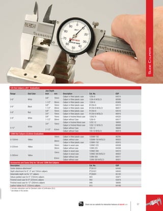 120 Dial Calipers (.001 Graduation)
Range Dial Color
Jaw Depth
Description Cat. No. EDP
Inch mm
0-6 White
5/8 16mm
Caliper in fitted plastic case 120A-6 64514
Caliper in fitted plastic case 120A-6 W/SLC† 66568
1-1/2 38mm Caliper in fitted plastic case 120X-6 65909
0-6 Black
5/8 16mm Caliper in fitted plastic case B120A-6 64515
1-1/2 38mm Caliper in fitted plastic case B120A-6 W/SLC† 66917
0-6 Red
5/8 16mm Caliper in fitted plastic case R120A-6 64516
3/4 19mm Caliper in fitted plastic case R120A-6 W/SLC† 66918
0-9 White
5/8 16mm Caliper in finished Wood case 120AZ-9 64520
1-1/2 38mm Caliper without Case 120A-9 64517
0-12
White
3/4 19mm
Caliper in finished Wood case 120Z-12 56693
Caliper in finished Wood case 120Z-12 W/SLC† 66569
2-1/2 63mm
Caliper without Case 120-12 56694
Caliper without Case 120-12 W/SLC† 66919
120M Dial Calipers (0.02mm Graduation)
0-150mm Yellow
16mm 
Caliper in fitted plastic case 120AM-150 66295
38mm
Caliper, without case 120AM-150 W/SLC† 66920

Caliper in fitted plastic case 120MX-150 65910
0-225mm Yellow
16mm Caliper in wood case 120MZ-225 64508
38mm 
Caliper without case 120M-225 64509
0-300mm Yellow
19mm
Caliper in wood case 120MZ-300 64510
Caliper in wood case 120MZ-300 W/SLC† 66922
63mm

Caliper without case 120M-300 64511

Caliper without case 120M-300 W/SLC† 66921
Accessories and Cases Only for 120 and 120M Dial Calipers
Description Cat. No. EDP
Center distance attachment* PT26151 64440
Depth attachment for 6, 9 and 150mm calipers PT22431 64640
Detachable depth rod for 12 calipers PT26091 65100
Deluxe padded case for 6 (150mm) calipers 943 55971
Finished wood case for 9 (225mm) calipers 950 63878
Finished wood case for 12 (300mm) calipers 946 56695
Leather holster for 6 (150mm) calipers 915 64166
† Includes redemption card for Standard Letter of Certification (SLC).
* See details in this section.
97
Check out our website for interactive features at starrett.com
S
lide
C
alipers
 
