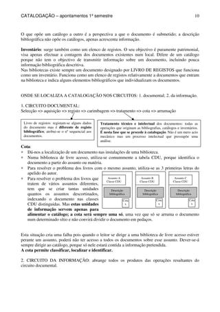 CATALOGAÇÃO – apontamentos 1º semestre 
10 
O que opõe um catálogo a outro é a perspectiva a que o documento é submetido; a descrição 
bibliográfica não opõe os catálogos, apenas acrescenta informação. 
Inventário: surge também como um elenco de registos. O seu objectivo é puramente patrimonial, 
visa apenas efectuar a contagem dos documentos existentes num local. Difere de um catálogo 
porque não tem o objectivo de transmitir informação sobre um documento, incluindo pouca 
informação bibliográfica descritiva. 
Nas bibliotecas existe sempre um documento designado por LIVRO DE REGISTOS que funciona 
como um inventário. Funciona como um elenco de registos relativamente a documentos que entram 
na biblioteca e indica alguns elementos bibliográficos que individualizam os documentos. 
ONDE SE LOCALIZA A CATALOGAÇÃO NOS CIRCUITOS: 1. documental; 2. da informação. 
1. CIRCUITO DOCUMENTAL: 
Selecção = aquisição = registo = carimbagem = tratamento = cota = arrumação 
Livro de registos: registam-se alguns dados 
do documento mas é diferente de registo 
bibliográfico; atribui-se o nº sequencial aos 
documentos. 
Tratamento técnico e intelectual dos documentos: todas as 
operações que originam as bibliografias, catálogos e inventários. 
É nesta fase que se procede à catalogação. Não é um mero acto 
mecânico mas um processo intelectual que pressupõe uma 
análise. 
Cota: 
* Dá-nos a localização de um documento nas instalações de uma biblioteca. 
* Numa biblioteca de livre acesso, utiliza-se comummente a tabela CDU, porque identifica o 
documento a partir do assunto ou matéria. 
* Para resolver o problema dos livros com o mesmo assunto, utiliza-se as 3 primeiras letras do 
apelido do autor. 
* Para resolver o problema dos livros que 
Assunto A 
Classe CDU 
Assunto B 
Classe CDU 
cota cota 
Assunto C 
Classe CDU 
tratem de vários assuntos diferentes, 
tem que se criar tantas unidades 
Descrição 
Descrição 
Descrição 
quantos os assuntos descortinados, 
bibliográfica 
bibliográfica 
bibliográfica 
indexando o documento nas classes 
Cota 
Cota 
Cota 
CDU distinguidas. Mas estas unidades 
x 
x 
x 
de informação servem apenas para 
alimentar o catálogo; a cota será sempre uma só, uma vez que só se arruma o documento 
num determinado sítio e não convirá dividir o documento em pedaços. 
Esta situação cria uma falha pois quando o leitor se dirige a uma biblioteca de livre acesso estiver 
perante um assunto, poderá não ter acesso a todos os documentos sobre esse assunto. Dever-se-á 
sempre dirigir ao catálogo, porque só nele estará contida a informação pretendida. 
A cota permite classificar, localizar e identificar. 
2. CIRCUITO DA INFORMAÇÃO: abrange todos os produtos das operações resultantes do 
circuito documental. 
 