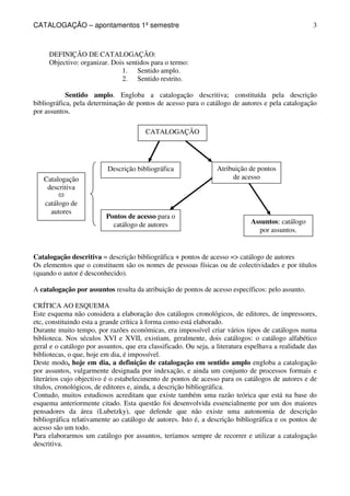CATALOGAÇÃO – apontamentos 1º semestre 
3 
DEFINIÇÃO DE CATALOGAÇÃO: 
Objectivo: organizar. Dois sentidos para o termo: 
1. Sentido amplo. 
2. Sentido restrito. 
Sentido amplo. Engloba a catalogação descritiva; constituída pela descrição 
bibliográfica, pela determinação de pontos de acesso para o catálogo de autores e pela catalogação 
por assuntos. 
CATALOGAÇÃO 
Descrição bibliográfica 
Atribuição de pontos 
Catalogação de acesso 
descritiva 
 
catálogo de 
autores 
Assuntos: catálogo 
por assuntos. 
Pontos de acesso para o 
catálogo de autores 
Catalogação descritiva = descrição bibliográfica + pontos de acesso = catálogo de autores 
Os elementos que o constituem são os nomes de pessoas físicas ou de colectividades e por títulos 
(quando o autor é desconhecido). 
A catalogação por assuntos resulta da atribuição de pontos de acesso específicos: pelo assunto. 
CRÍTICA AO ESQUEMA 
Este esquema não considera a elaboração dos catálogos cronológicos, de editores, de impressores, 
etc, constituindo esta a grande crítica à forma como está elaborado. 
Durante muito tempo, por razões económicas, era impossível criar vários tipos de catálogos numa 
biblioteca. Nos séculos XVI e XVII, existiam, geralmente, dois catálogos: o catálogo alfabético 
geral e o catálogo por assuntos, que era classificado. Ou seja, a literatura espelhava a realidade das 
bibliotecas, o que, hoje em dia, é impossível. 
Deste modo, hoje em dia, a definição de catalogação em sentido amplo engloba a catalogação 
por assuntos, vulgarmente designada por indexação, e ainda um conjunto de processos formais e 
literários cujo objectivo é o estabelecimento de pontos de acesso para os catálogos de autores e de 
títulos, cronológicos, de editores e, ainda, a descrição bibliográfica. 
Contudo, muitos estudiosos acreditam que existe também uma razão teórica que está na base do 
esquema anteriormente citado. Esta questão foi desenvolvida essencialmente por um dos maiores 
pensadores da área (Lubetzky), que defende que não existe uma autonomia de descrição 
bibliográfica relativamente ao catálogo de autores. Isto é, a descrição bibliográfica e os pontos de 
acesso são um todo. 
Para elaborarmos um catálogo por assuntos, teríamos sempre de recorrer e utilizar a catalogação 
descritiva. 
 