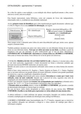 CATALOGAÇÃO – apontamentos 1º semestre 
6 
Se a obra for sujeita a uma tradução, e essa tradução não alterar significativamente a obra, temos 
uma nova versão, uma nova edição. 
Esta função representará, numa biblioteca, como um conjunto de livros não independentes, 
relacionados entre si, resultado de uma afinidade intelectual. 
Assim, primeiro temos de identificar qual a obra manifestada por aquele documento: sabemos que 
é a obra X. Depois cria-se uma unidade de informação, um registo. 
Ponto de acesso 
Descrição 
bibliográfica 
ID = identificação 
Registo bibliográfico 
Registo = descrição bibliográfica + ID. 
O ID será quase sempre um elemento 
composto, pois é constituído por 
elemento autor 
+ 
elemento título. 
Nem sempre existe o elemento autor (obras de autor desconhecido) pelo que, nestes casos, apenas 
surgirá o elemento título. 
Também podemos encontrar um autor com vários nomes ou com diferentes formas de um mesmo 
nome ou com diferentes títulos. Terá que ser eleito um nome ou um título, escolhidos a partir da 
frequência com que são utilizados ou pelo conhecimento que se tem do leitor. Denomina-se 
CONTROLO DE AUTORIDADE: determina-se a forma eleita ou a RUBRICA UNIFORME, 
bem como as formas não eleitas. Estas últimas ter-se-ão de apoiar em remissivas. 
3ª FUNÇÃO: PRODUÇÃO DE UM AUTOR PARTICULAR: o objectivo é veicular toda a obra 
de um autor particular, organizando o fundo documental de forma a relacionar unidades que 
possuam uma mesma GÉNESE intelectual, um mesmo autor. 
Quando um autor assina os seus documentos utilizando vários nomes ou várias formas dos mesmos 
nomes: 
Pode-se fazer várias remissivas (S., Eugénia v. Santos, Eugénia ou Santos, E. v. Santos, Eugénia) 
mas se um autor utilizasse um grande número de nomes diferentes, teríamos uma grande quantidade 
de remissivas, o que era complicado e dispendioso de gerir. 
A solução e a norma (determinado pelo senso comum): determina-se o nome que é mais vezes 
utilizado, como tal mais conhecido. Quando não é possível tal coisa, seguimos uma série de 
estipulações até seleccionarmos um nome/objecto final. 
O eleito será adoptado enquanto os restantes são acompanhados por remissivas (a fórmula será a 
seguinte: B v. A; C v. A ; só em A encontrarei a informação sobre este indivíduo). 
À fórmula eleita ou escolhida, damos o nome de RUBRICA UNIFORME, que permite a reunião 
de determinada informação no mesmo lugar no catálogo. 
No caso de haver vários títulos designando as várias edições de uma mesma obra: TÍTULO 
UNIFORME. Escolhe-se um título para representar as várias edições de uma mesma obra. 
A rubrica uniforme e o título uniforme são apenas convenções, baseados em critérios definidos, 
evitando a multiplicação de unidades de informação num catálogo da biblioteca. 
A RUBRICA UNIFORME reúne funcionalidades das 2ª e 3ª funções, enquanto que as remissivas 
(veja também) obrigarão um utilizador a dirigir-se a vários pontos do catálogo para obter a 
informação completa. 
 
