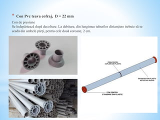 * Con Pvc teava cofraj, D = 22 mm
Con de presiune
Se îndepărtează după decofrare. La debitare, din lungimea tuburilor distanţiere trebuie să se
scadă din ambele părţi, pentru cele două coroane, 2 cm.
 