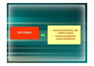 • ENVIAR MATERIAL EM
EDITORAS        TEMPO HÁBIO;
            • PROCESSAMENTO
               CATALOGRÁFICO
 