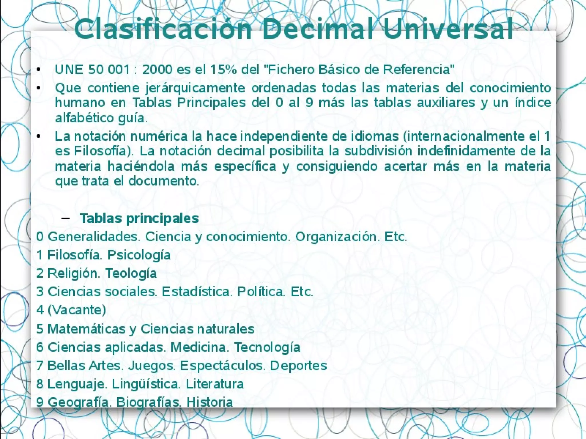 Clasificación Decimal Universal
• UNE 50 001 : 2000 es el 15% del "Fichero Básico de Referencia"
• Que contiene jerárquicamente ordenadas todas las materias del conocimiento
humano en Tablas Principales del 0 al 9 más las tablas auxiliares y un índice
alfabético guía.
• La notación numérica la hace independiente de idiomas (internacionalmente el 1
es Filosofía). La notación decimal posibilita la subdivisión indefinidamente de la
materia haciéndola más específica y consiguiendo acertar más en la materia
que trata el documento.
– Tablas principales
0 Generalidades. Ciencia y conocimiento. Organización. Etc.
1 Filosofía. Psicología
2 Religión. Teología
3 Ciencias sociales. Estadística. Política. Etc.
4 (Vacante)
5 Matemáticas y Ciencias naturales
6 Ciencias aplicadas. Medicina. Tecnología
7 Bellas Artes. Juegos. Espectáculos. Deportes
8 Lenguaje. Lingüística. Literatura
9 Geografía. Biografías. Historia
 