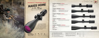They don’t call it the Lonesome
West for nothing, and windswept
distances of 500-plus yards are
exactly where the E1 delivers a fatal
blow with cascading dots for windage
and optimal elevation compensation.
Precision-ground optical glass and multi-
coated lenses resist glare and pump up the
light in those low-light conditions.
• State-of-the-art Ballistic Plex E1™
reticle features
trajectory compensation out to 500 yards with
cascading dots to compensate for crosswinds
• High-grade optical glass provides excellent brightness
and clarity with lasting durability
• Quality, precision-ground lenses are larger than those
of comparable scopes, for better light transmission
• Index-matched, Hi-Lume®
multicoating aids in low-light
performance and glare elimination, increasing your
success rate
• Finger-adjustable windage and elevation turrets create
a sleek profile; turret indications always reflect a
change in the point of impact, for pinpoint accuracy
SeriesFeatures
FULLFIELD E1 RIFLESCOPE 2-7x35mm
FULLFIELD E1 RIFLESCOPE 3-9x40mm
FULLFIELD E1 RIFLESCOPE 3-9x50mm
FULLFIELD E1 RIFLESCOPE 4.5-14x42mm
• Low-magnification model is compact and lightweight;
allows low mounting height
• Most popular and versatile model
• Available illuminated reticle has 11 settings from low light
to daylight; reduces time to get on target in any lighting
condition and increases accuracy when target is dark
• 50 mm objective allows for maximum light collection
• High magnification extends your long-range shooting capability
• Ergonomic side focus allows easy-to-reach parallax adjustment
ITEM NUMBER:
200317
RETICLE:
BALLISTIC PLEX E1™
MAIN TUBE SIZE:
1 in.
ITEM NUMBERS:
200320, 200322
RETICLE:
BALLISTIC PLEX E1™
MAIN TUBE SIZE:
1 in.
ITEM NUMBER:
200330
RETICLE:
BALLISTIC PLEX E1™
MAIN TUBE SIZE:
1 in.
ITEM NUMBER:
NEW 200338
RETICLE:
BALLISTIC PLEX E1™
MAIN TUBE SIZE:
1 in.
ADJUSTABLE SIDE PARALLAX:
50 YDS. TO INFINITY
Reticles
FULLFIELD E1 RIFLESCOPE 6.5-20x50mm
• High magnification extends your long-range shooting capability
• Ergonomic side focus allows easy-to-reach parallax adjustment
ITEM NUMBER:
NEW 200341
RETICLE:
BALLISTIC PLEX E1™ MV
MAIN TUBE SIZE:
1 in.
ADJUSTABLE SIDE PARALLAX:
50 YDS. TO INFINITY
Ballistic Plex
E1™ MV
Ballistic Plex
E1™
MAKES HOME
FULLFIELD E1™
RIFLESCOPES SERIES
on the RangeY O U R V I C T O R Y A N T H E M .
WATERPROOF SHOCKPROOF FOGPROOF NITROGEN-FILLED
BURRISOPTICS.COM 27PageHUNT
 