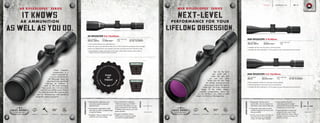 NEXT-LEVEL
PERFORMANCE FOR YOUR
LIFELONG OBSESSION.
Get into the black
gun world with a
scope that gets both
you and your dollar
further from the start. Note
the reliable, precision-ground,
glare-resistant glass that gathers
ample light. The tough, shockproof
design. Or the simple, elegant,
trajectory compensating reticle that
can be matched to any caliber or bullet
weight. And that’s just the beginning.
MSR RIFLESCOPES™
SERIES	
IT KNOWS
AR AMMUNITION
AS WELL AS YOU DO.
Given trajectory
compensation is a
critical component for
accuracy at distance, the
AR Riflescopes Series has
adjustment knobs specifically
calibrated for holdover to
match an AR’s most commonly
fired rounds, the 5.56 mm (.223)
and 7.62 mm (.308) rounds. Think of
this series as custom AR scopes durably
built for ultra-accuracy—with everything
except the custom scope price.
AR RIFLESCOPES™
SERIES
SeriesFeatures
C4 Wind MOA™
• Match elevation adjustment to your
ammunition using the customized
adjustment knob
• Automatically compensates for bullet
drop when you dial in yardage-to-target;
no need for holdover
• WindMap™
helps you determine wind
hold-off for your exact cartridge
• The C4 Wind MOA™
reticle has
1-MOA tick marks up to 10 MOA
on each side of the reticle so you can
easily compensate for wind, using the
WindMap values and your own wind
speed calculation
• Threaded Anti-Reflection Device
(ARD) reduces lens glare for greater
concealment to prevent detection
Reticle
SeriesFeatures
• Designed for shooters new to
tactical rifles, who are ready for an
affordable custom tactical riflescope
• High-grade optical glass provides
excellent brightness and clarity with
lasting durability
• Quality, precision-ground lenses are
larger than those of comparable
scopes, for better light collection
• Index-matched, Hi-Lume®
multicoating aids in low-light
performance and glare elimination,
increasing your success rate
• Finger-adjustable windage and
elevation turrets create a sleek
profile; indications always reflect a
change in the point of impact, for
pinpoint accuracy
Reticle
MSR RIFLESCOPE 3-9x40mm
• Available with focus set at 50 yards for .22 LR ammunition
• Available with reticle calibrated for .223 for greater accuracy with popular tactical ammunition
ITEM NUMBERS:
200136, 200137
RETICLE:
BALLISTIC PLEX™
MAIN TUBE SIZE:
1 in.
MSR RIFLESCOPE 4.5-14x42mm
• High magnification extends your long-range shooting capability
• Parallax adjustment for improved accuracy at long distances
• Available with reticle calibrated for .223 for greater accuracy with popular tactical ammunition
AR RIFLESCOPE 4.5-14x42mm
• Custom tactical riflescope at an affordable price
• Ships with custom knob calibrated for either 5.56 or 7.62, to match the most popular tactical cartridges
• Receive one additional free custom elevation turret when you submit ammunition information online
• Finger-adjustable windage and elevation turrets create a sleek profile; indications always reflect a
change in the point of impact for pinpoint accuracy
ITEM NUMBERS:
200333, 200334
RETICLE:
C4 WIND MOA™
MAIN TUBE SIZE:
1 in.
ADJUSTABLE PARALLAX:
50 YDS. TO INFINITY
ITEM NUMBER:
200195
RETICLE:
BALLISTIC PLEX™
MAIN TUBE SIZE:
1 in.
ADJUSTABLE PARALLAX:
50 YDS. TO INFINITY
Ballistic Plex™
5.56X45NATO55GR
F
M
G
3200 FPS 2000FT
CLICKS1/4MOAAR-15
Point
Of
Impact
UP
WATERPROOF SHOCKPROOF FOGPROOF NITROGEN-FILLED WATERPROOF SHOCKPROOF FOGPROOF NITROGEN-FILLED
BURRISOPTICS.COM 13PageTACTICAL
 