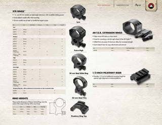 RING HEIGHTS
• Helps mount AR optics on short stocks
• Great for mounting a red dot sight ahead of the AR-Tripler™
• Milled from one piece of aluminum alloy, for increased strength
• Quick-detach lever for easy attachment and removal
Item Height Optic Centerline Height Length
420188 2.6 in. 1.50 in. 3.5 in.
AR-T.E.R. EXTENSION RINGS
• 1 in. and 30 mm models are lightweight aluminum with incredible holding power
• Quick-detach models allow fast mounting
• 34 mm models are all steel, to handle the largest scopes
Item Size Quick-Detach Aluminum Steel 1 Ring 2-Ring Set
Low
420160 30 mm • •
420161 30 mm • •
420180 1 in. • •
XTR RINGS™
Medium
420157 30 mm • • •
420162 30 mm • •
420163 30 mm • •
420181 1 in. • •
420185 1 in. • • •
420190 –
2 Wide Rings
34 mm • •
420191 – 1 Thin,
1 Wide Ring
34 mm • •
High
420164 30 mm • •
420165 30 mm • •
420182 1 in. • •
420192 –
2 Wide Rings
34 mm • •
420193 – 1 Thin,
1 Wide Ring
34 mm • •
Extra-High
420159 30 mm • • •
420166 30 mm • •
420167 30 mm • •
420183 1 in. • •
420187 1 in. • • •
Picatinny Ring Top - allows attachment of accessories on top of mounted scope
420189 1 in. • •
420169 30 mm • •
• Provides 1/2 inch of additional mounting height for
optimal sight alignment on tactical platforms
1/2-INCH PICATINNY RISER
Item Height Length
410340 0.5 in. 1.5 in.
Low
Extra-High
Low Medium High Extra-High
30 mm 0.85 in. 1.10 in. 1.35 in. 1.60 in.
1 in. 0.75 in. 1.00 in. 1.25 in. 1.50 in.
34 mm 1.00 in. 1.50 in.
These are the dimensions of Xtreme Tactical Rings, from the
center of the scope to the top of the mount base.
34 mm Steel Wide Ring
Picatinny Ring Top
34 mm Steel Thin
BURRISOPTICS.COM 53RINGS AND MOUNTS
 