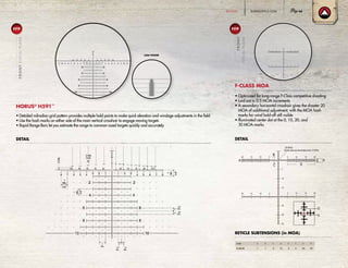 20 15 10 5 5 10 15 20
5 10 15 2020 15 10 5
5
15
10
25
30
35
DETAIL
RETICLE SUBTENSIONS (in MOA)
• Optimized for long-range F-Class competitive shooting
• Laid out in 0.5 MOA increments
• A secondary horizontal crosshair gives the shooter 20
MOA of additional adjustment, with the MOA hash
marks for wind hold-off still visible
• Illuminated center dot at the 0, 10, 20, and
30 MOA marks
F-CLASS MOA
.125 MOA
Center dots are illuminated every 10 MOA
20 15 10 5 5 10 15 20
5 10 15 2020 15 10 5
5
15
10
25
30
35
.125 MOA
Center dots are illuminated every 10 MOA
20 15 10 5 5 10 15 20
5 10 15 2020 15 10 5
5
15
10
25
30
35
Model A B C D E F G H
8-40x50 1 1 .5 15 .5 2 .05 .02
HORUS®
H591™
• Detailed milradian grid pattern provides multiple hold points to make quick elevation and windage adjustments in the field
• Use the hash marks on either side of the main vertical crosshair to engage moving targets
• Rapid Range Bars let you estimate the range to common-sized targets quickly and accurately
DETAIL
LOW POWER
FFP
FRONTFOCALPLANE
FFP
FRONT
FOCALPLANE
BURRISOPTICS.COM 65RETICLES
 