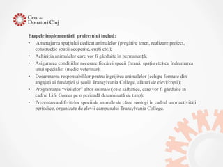 Etapele implementării proiectului includ:
• Amenajarea spațiului dedicat animalelor (pregătire teren, realizare proiect,
   construcție spații acoperite, cuști etc.);
• Achiziția animalelor care vor fi găzduite în permanență;
• Asigurarea condiţiilor necesare fiecărei specii (hrană, spaţiu etc) cu îndrumarea
   unui specialist (medic veterinar);
• Desemnarea responsabililor pentru îngrijirea animalelor (echipe formate din
   angajaţi ai fundaţiei şi şcolii Transylvania College, alături de elevi/copii);
• Programarea “vizitelor” altor animale (cele sălbatice, care vor fi găzduite în
   cadrul Life Corner pe o perioadă determinată de timp);
• Prezentarea diferitelor specii de animale de către zoologi în cadrul unor activităţi
   periodice, organizate de elevii campusului Transylvania College.
 