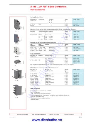 ABB LIMITED 2/10
A 145 ... AF 750 3-pole Contactors
Main accessories
Auxiliary Contact Blocks
Mounting on Positioning Contacts Weight Order Code
contactors kg
A 145 to Side 1 1 0.050 CAL 5-11
AF 750 1 1 0.050 CAL 5-11B
Electronic Timers for star-delta starters (dwelling time 50 ms) - (Prohibited with AF... contactors)
Mounting Timing rangeSupply voltage Weight Order Code
V kg
Independent Direct 24 a.c. / d.c. 0.080 TE5S-24
0.8 ... 8 s 110 ... 120 a.c. 0.080 TE5S-120
or 220 ... 240 a.c. 0.080 TE5S-240
6 ... 60 s 380 ... 440 a.c. 0.080 TE5S-440
Interlocks for two horizontal mounted contactors
Left Right Feature Weight Order Code
contactor contactor kg
A 95 ... 300 A 145 ... 300 Mechanical 0.150 VM 300H
A 210 ... 300 AF 400 ... 460 Mechanical 0.150 VM 300/460H
AF 400 ... 750 AF 400 ... 460 Mechanical 0.200 VM 750H
Surge Suppressors
Mounting on Feature Voltage range Weight Order Code
contactors kg
24 ... 50 V a.c. 0.015 RC 5-2/50
A 145 ... 300 RC 50 ... 133 V a.c. 0.015 RC 5-2/133
110 ... 250 V a.c. 0.015 RC 5-2/250
250 ... 440 V a.c. 0.015 RC 5-2/440
Note: The built-in coil interface eliminates the need of extra surge suppressors on the AF 400 to AF 750 contactors.
Shrouds (terminal protection acc. to VDE 0106, part 100) (pack of 2)
Mounting on Suitable for Weight Order Code
contactors contactor with kg
1 piece
A 145, A 185 Cable connectors 0.100 LT 185-AC
A 145, A 185 Cable lugs 0.100 LT 185-AL
A 210 ... A 300 Cable connectors 0.100 LT 300-AC
A 210 ... A 300 Cable lugs 0.100 LT 300-AL
AF 400, AF 460 Cable connectors 0.150 LT 460-AC
AF 400, AF 460 Cable lugs 0.800 LT 460-AL
AF 580, AF 750 Cable connectors 0.150 LT 750-AC
AF 580, AF 750 Cable lugs 0.850 LT 750-AL
Other Accessories
A wide range of accessories are available:
– LZ... connectors,
– LW... enlargement pieces for terminals,
– connecting auxiliaries: shorting bars, connection bars, additional pieces, etc.
– shrouds for shorting bars,
– interlocks for two vertical contactors,
– adapter plates.
LT…-AL
LT…-AC
TE5S-240
RC…
VM 300H
CAL 5-11
{
www.abb.com/lowvoltage email marketing.info@gb.abb.com Telephone 02476 368551 Facsimile 02476 368401
www.dienhathe.xyz
www.dienhathe.vn
 
