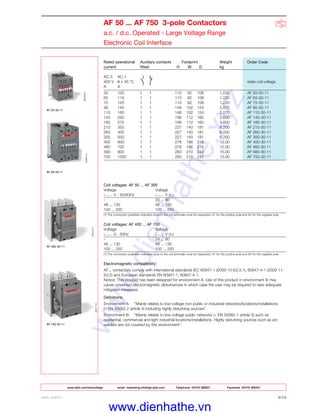www.abb.com/lowvoltage email marketing.info@gb.abb.com Telephone 02476 368551 Facsimile 02476 368401
ABB LIMITED 2/13
AF 50 ... AF 750 3-pole Contactors
a.c. / d.c. Operated - Large Voltage Range
Electronic Coil Interface
Rated operational Auxiliary contacts Footprint Weight Order Code
current fitted H W D kg
AC-3 AC-1
400 V θ ≤ 40 °C state coil voltage
A A
50 100 1 1 110 82 108 1.220 AF 50-30-11
65 115 1 1 110 82 108 1.220 AF 63-30-11
75 125 1 1 110 82 108 1.220 AF 75-30-11
96 145 1 1 148 102 124 2.070 AF 95-30-11
110 160 1 1 148 102 124 2.070 AF 110-30-11
145 250 1 1 196 112 160 3.600 AF 145-30-11
185 275 1 1 196 112 160 3.600 AF 185-30-11
210 350 1 1 227 140 181 6.200 AF 210-30-11
260 400 1 1 227 140 181 6.200 AF 260-30-11
305 500 1 1 227 140 181 6.200 AF 300-30-11
400 600 1 1 278 186 216 12.00 AF 400-30-11
460 700 1 1 278 186 216 12.00 AF 460-30-11
580 800 1 1 283 210 242 15.00 AF 580-30-11
750 1050 1 1 283 210 242 15.00 AF 750-30-11
AF 750-30-11
AF 460-30-11
AF 95-30-11
AF 50-30-11
Coil voltages: AF 50 ... AF 300
Voltage Voltage
V - 50/60Hz V d.c.
– 20 ... 60
48 ... 130 48 ... 130
100 ... 250 100 ... 250
(1) The connection polarities indicated close to the coil terminals must be respected: A1 for the positive pole and A2 for the negative pole.
Coil voltages: AF 400 ... AF 750
Voltage Voltage
V - 50Hz V d.c
– 24 ... 60
48 ... 130 48 ... 130
100 ... 250 100 ... 250
(1) The connection polarities indicated close to the coil terminals must be respected: A1 for the positive pole and A2 for the negative pole.
Electromagnetic compatibility:
AF... contactors comply with international standards IEC 60947-1 (2000-10-Ed.3.1), 60947-4-1 (2000-11-
Ed.2) and European standards EN 60947-1, 60947-4-1.
Notice: This product has been designed for environment A. Use of this product in environment B may
cause unwanted electromagnetic disturbances in which case the user may be required to take adequate
mitigation measures.
Definitions:
Environment A: "Mainly relates to low-voltage non public or industrial networks/locations/installations
(+ EN 50082-2 article 4) including highly disturbing sources".
Environment B: "Mainly relates to low-voltage public networks (+ EN 50082-1 article 5) such as
residential, commercial and light industrial locations/installations. Highly disturbing sources such as arc
welders are not covered by this environment".
www.dienhathe.xyz
www.dienhathe.vn
 
