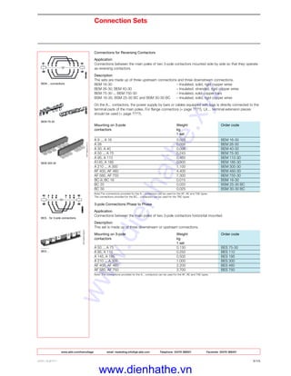 www.abb.com/lowvoltage email marketing.info@gb.abb.com Telephone 02476 368551 Facsimile 02476 368401
ABB LIMITED 2/15
Connection Sets
Connections for Reversing Contactors
Application
Connections between the main poles of two 3-pole contactors mounted side by side so that they operate
as reversing contactors.
Description
The sets are made up of three upstream connections and three downstream connections.
BEM 16-30 – Insulated, solid, rigid copper wires
BEM 26-30, BEM 40-30 – Insulated, stranded, rigid copper wires
BEM 75-30 ... BEM 750-30 – Insulated, solid copper bars
BSM 16-30, BSM 25-30 BC and BSM 30-30 BC – Insulated, solid, rigid copper wires
On the A... contactors, the power supply by bars or cables equipped with lugs is directly connected to the
terminal pads of the main poles. For flange connectors (+ page ????), LX… terminal extension pieces
should be used (+ page ????).
Mounting on 3-pole Weight Order code
contactors kg
1 set
A 9 ... A 16 0.025 BEM 16-30
A 26 0.056 BEM 26-30
A 30, A 40 0.096 BEM 40-30
A 50 ... A 75 0.243 BEM 75-30
A 95, A 110 0.450 BEM 110-30
A145, A 185 0.900 BEM 185-30
A 210 ... A 300 1.100 BEM 300-30
AF 400, AF 460 4.400 BEM 460-30
AF 580, AF 750 7.300 BEM 750-30
BC 9, BC 16 0.015 BSM 16-30
BC 25 0.020 BSM 25-30 BC
BC 30 0.025 BSM 30-30 BC
Note:The connections provided for the A... contactors can be used for the AF, AE and TAE types.
The connections provided for the BC... contactors can be used for the TBC types.
3-pole Connections Phase to Phase
Application
Connections between the main poles of two 3-pole contactors horizontal mounted.
Description
This set is made up of three downstream or upstream connections.
Mounting on 3-pole Weight Order code
contactors kg
1 set
A 50 ... A 75 0.130 BES 75-30
A 95, A 110 0.250 BES 110
A 145, A 185 0.500 BES 185
A 210 ... A 300 1.000 BES 300
AF 400, AF 460 2.200 BES 460
AF 580, AF 750 3.700 BES 750
Note: The connections provided for the A... contactors can be used for the AF, AE and TAE types.
BEM… connections
BES... for 3-pole connections
BES…
BEM 75-30
BEM 300-30
www.dienhathe.xyz
www.dienhathe.vn
 