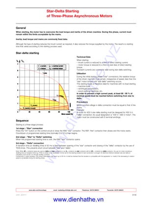 www.abb.com/lowvoltage email marketing.info@gb.abb.com Telephone 02476 368551 Facsimile 02476 368401
ABB LIMITED 2/18
Star-Delta Starting
of Three-Phase Asynchronous Motors
General
When starting, the motor has to overcome the load torque and inertia of the driven machine. During this phase, current must
remain within the limits acceptable by the mains.
Inertia, load torque and mains are commonly fixed data.
Although the type of starting reduces the inrush current as required, it also reduces the torque supplied by the motor. The result is a starting
time that varies according to the starting process used.
Star-delta starting
Technical Data
When starting:
– inrush current is reduced to a third of direct starting current,
– motor torque is reduced to a third or even less of direct starting
torque.
Transient currents are commonly read during star-delta switching.
Utilization
During the initial starting phase ("star" connection), the resistive torque
of the driven machine must remain, irrespective of speed, less than the
"star" motor torque until "star-delta" switching occurs.
This starting mode is therefore ideal for machines with no-load starting:
– machine-tools,
– centrifugal compressors,
– wood working machines, etc.
In order to prevent a high current peak, at least 80 - 85 % of
nominal speed must be reached before switching from star to
delta.
Precautions
Motor nominal voltage in delta connection must be equal to that of the
mains.
Example:
A motor for 400 V star-delta starting must be designed for 400 V in
"delta" connection. Its usual designation is "400 V / 690 V motor". The
motor must be constructed with 6 terminal windings.
Sequence
Starting is a three-stage process:
1st stage - "Star" connection
Press the "On" button on the control circuit to close the KM2 "star" contactor. The KM1 "line" contactor then closes and the motor starts.
Countdown of programmed starting time (normally 6 to 10 s) then begins.
2nd stage - "Star" to "Delta" switching
When the programmed starting time is over, the KM2 "star" contactor opens.
3rd stage - "Delta" connection
A transition time (or dwelling time) of 50 ms is fixed between opening of the "star" contactor and closing of the "delta" contactor by the use of
TE5S timer. This prevents short circuit between "star" and "delta".
Note: When AF... contactor types are used as delta and star contactors or an A... contactor as star contactor with an AF... contactor as delta contactor, the use of a timer including a
dwelling time (or transition time) e.g. TE5S or similar is not necessary. A timer set for the starting duration in star connection is enough. An electrical interlock between star and delta is
mandatory such as VE 5 or through auxiliary contacts.
Furthermore, in open transition, the current interruption may reach up to 95 ms: it shall be checked that this duration is compatible with the application i.e. mainly if the decreasing in rotation
speed is acceptable during the starting phase.
www.dienhathe.xyz
www.dienhathe.vn
 