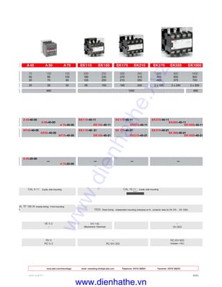 www.abb.com/lowvoltage email marketing.info@gb.abb.com Telephone 02476 368551 Facsimile 02476 368401
ABB LIMITED 2/21
RC-EH 800
(Varistor + RC)
–
RC-EH 300
RV 5
RC 5-2
–
VH 800
VH 300
(Mechanical / Electrical)
VH 145
(Mechanical / Electrical)
VE 5-2
–
–
TE5S Direct timing - Independent mounting (interpose an N.. contactor relay for EK 370 ... EK 1000)
CAL 16-11 2-pole, side mounting
1 x N.O. + 1 x
N.C.
1 x N.O. + 1 x
N.C.
IA, TP 180 IA Inverse timing - Front mounting
ng
CAL 5-11 2-pole, side mounting
A 45 A 50 A 75 EK110 EK150 EK175 EK210 EK370 EK550 EK1000
70 100 125 200 250 300 350 550 800 1000
60 85 105 180 230 270 310 470 650 800
50 70 85 155 200 215 250 400 575 720
25 35 50 95 150 185 240 2 x 185 2 x 240 2 x 300
690 1000 690
A 45-40-00 EK110-40-11 EK175-40-11 EK370-40-11
A 50-40-00 EK550-40-11
A 75-40-00 EK150-40-11 EK210-40-11 EK1000-40-11
AF45-40-00 EK110-40- 21 EK 175-40-21 EK370-40-21
AF50-40-00 EK 550-40-21
AF75-40-00 EK150-40-21 EK210-40-21 EK1000-40-21
A 45-22-00
— — — —
A 75-22-00
www.dienhathe.xyz
www.dienhathe.vn
 