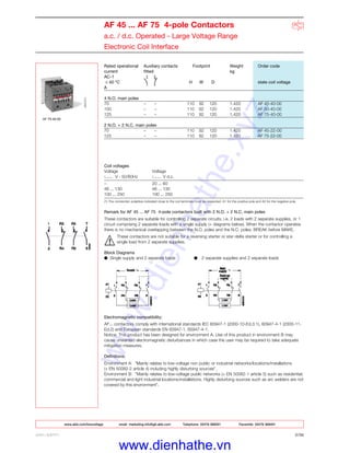 ABB LIMITED 2/26
www.abb.com/lowvoltage email marketing.info@gb.abb.com Telephone 02476 368551 Facsimile 02476 368401
AF 45 ... AF 75 4-pole Contactors
a.c. / d.c. Operated - Large Voltage Range
Electronic Coil Interface
Rated operational Auxiliary contacts Footprint Weight Order code
current fitted kg
AC-1
≤ 40 °C H W D state coil voltage
A
4 N.O. main poles
70 – – 110 92 120 1.420 AF 45-40-00
100 – – 110 92 120 1.420 AF 50-40-00
125 – – 110 92 120 1.420 AF 75-40-00
2 N.O. + 2 N.C. main poles
70 – – 110 92 120 1.420 AF 45-22-00
125 – – 110 92 120 1.420 AF 75-22-00
AF 75-40-00
Coil voltages
Voltage Voltage
V - 50/60Hz V d.c.
– 20 ... 60
48 ... 130 48 ... 130
100 ... 250 100 ... 250
(1) The connection polarities indicated close to the coil terminals must be respected: A1 for the positive pole and A2 for the negative pole.
Remark for AF 45 ... AF 75 4-pole contactors built with 2 N.O. + 2 N.C. main poles
These contactors are suitable for controlling 2 separate circuits, i.e. 2 loads with 2 separate supplies, or 1
circuit comprising 2 separate loads with a single supply (+ diagrams below). When the contactor operates
there is no mechanical overlapping between the N.O. poles and the N.C. poles: BREAK before MAKE.
These contactors are not suitable for a reversing starter or star-delta starter or for controlling a
single load from 2 separate supplies.
Block Diagrams
● Single supply and 2 separate loads ● 2 separate supplies and 2 separate loads
Electromagnetic compatibility:
AF... contactors comply with international standards IEC 60947-1 (2000-10-Ed.3.1), 60947-4-1 (2000-11-
Ed.2) and European standards EN 60947-1, 60947-4-1.
Notice: This product has been designed for environment A. Use of this product in environment B may
cause unwanted electromagnetic disturbances in which case the user may be required to take adequate
mitigation measures.
Definitions:
Environment A: "Mainly relates to low-voltage non public or industrial networks/locations/installations
(+ EN 50082-2 article 4) including highly disturbing sources".
Environment B: "Mainly relates to low-voltage public networks (+ EN 50082-1 article 5) such as residential,
commercial and light industrial locations/installations. Highly disturbing sources such as arc welders are not
covered by this environment".
www.dienhathe.xyz
www.dienhathe.vn
 