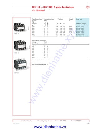 EK 110 ... EK 1000 4-pole Contactors
d.c. Operated
EK 1000-40
EK 370-40
EK 175-40
Rated operational Auxiliary contacts Footprint Weight Order code
current fitted kg
AC-1
≤ 40 °C H W D state coil voltage
A
200 2 1 156 136 155 4.350 EK 110-40-21
250 2 1 172 136 155 4.400 EK 150-40-21
300 2 1 198 176 172 6.650 EK 175-40-21
350 2 1 198 176 172 6.650 EK 210-40-21
550 2 1 272 296 226 17.20 EK 370-40-21
800 2 1 272 296 226 17.20 EK 550-40-21
1000 2 1 299 296 226 17.50 EK 1000-40-21
Coil voltages and codes
Voltage Code
V d.c.
12 (1) D A
24 D B
36 D C
48 D D
60 D T
75 D G
110 D E
125 D U
220 D F
(1) Not for EK 370 ... EK 1000 contactors.
For Accessories see page ??
ABB LIMITED 2/27
www.abb.com/lowvoltage email marketing.info@gb.abb.com Telephone 02476 368551 Facsimile 02476 368401
www.dienhathe.xyz
www.dienhathe.vn
 