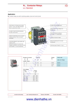 www.abb.com/lowvoltage email marketing.info@gb.abb.com Telephone 02476 368551 Facsimile 02476 368401
ABB LIMITED 2/32
Location of side-mounted accessories
(on right or left hand side).
Terminals delivered in open position with
captive screws.
Screwdriver guidance for all terminals.
Degree of protection of terminals according
to IEC 60947-1: IP 20 for all terminal.
Holes for screw fixing (screws not supplied).
Distance between holes according to
EN 50002.
Location of surge suppressors.
Clear marking of coil voltages and
frequencies.
Terminal marking according to
IEC 60947-5-1, and EN 50011.
Location of function marker.
Stops for attaching front-mounted
accessories.
Quick fixing on mounting rail according
to IEC 715 and EN 50022 standards:
35 x 7.5 mm or 35 x 15 mm.
Terminal screws: Pozidriv (+,-) No. 2.
Number of contacts Footprint Weight Order code
kg
H W D state coil voltage
4-pole, 1-stack
2 2 74 44 74 0.340 N 22 E
3 1 74 44 74 0.340 N 31 E
4 – 74 44 74 0.34 N 40 E
Coil voltages
Voltage Voltage
V - 50Hz V - 60Hz
24 24
48 48
110 110 ... 120
220 ... 230 230 ... 240
230 ... 240 240 ... 260
380 ... 400 400 ... 415
400 ... 415 415 ... 440
N... Contactor Relays
a.c. Operated
Application
N... contactor relays are used for switching auxiliary circuits and control circuits.
www.dienhathe.xyz
www.dienhathe.vn
 