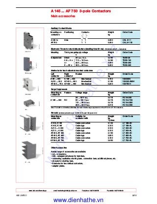ABB LIMITED 2/10
A 145 ... AF 750 3-pole Contactors
Main accessories
Auxiliary Contact Blocks
Mounting on Positioning Contacts Weight Order Code
contactors kg
A 145 to Side 1 1 0.050 CAL 5-11
AF 750 1 1 0.050 CAL 5-11B
Electronic Timers for star-delta starters (dwelling time 50 ms) - (Prohibited with AF... contactors)
Mounting Timing rangeSupply voltage Weight Order Code
V kg
Independent Direct 24 a.c. / d.c. 0.080 TE5S-24
0.8 ... 8 s 110 ... 120 a.c. 0.080 TE5S-120
or 220 ... 240 a.c. 0.080 TE5S-240
6 ... 60 s 380 ... 440 a.c. 0.080 TE5S-440
Interlocks for two horizontal mounted contactors
Left Right Feature Weight Order Code
contactor contactor kg
A 95 ... 300 A 145 ... 300 Mechanical 0.150 VM 300H
A 210 ... 300 AF 400 ... 460 Mechanical 0.150 VM 300/460H
AF 400 ... 750 AF 400 ... 460 Mechanical 0.200 VM 750H
Surge Suppressors
Mounting on Feature Voltage range Weight Order Code
contactors kg
24 ... 50 V a.c. 0.015 RC 5-2/50
A 145 ... 300 RC 50 ... 133 V a.c. 0.015 RC 5-2/133
110 ... 250 V a.c. 0.015 RC 5-2/250
250 ... 440 V a.c. 0.015 RC 5-2/440
Note: The built-in coil interface eliminates the need of extra surge suppressors on the AF 400 to AF 750 contactors.
Shrouds (terminal protection acc. to VDE 0106, part 100) (pack of 2)
Mounting on Suitable for Weight Order Code
contactors contactor with kg
1 piece
A 145, A 185 Cable connectors 0.100 LT 185-AC
A 145, A 185 Cable lugs 0.100 LT 185-AL
A 210 ... A 300 Cable connectors 0.100 LT 300-AC
A 210 ... A 300 Cable lugs 0.100 LT 300-AL
AF 400, AF 460 Cable connectors 0.150 LT 460-AC
AF 400, AF 460 Cable lugs 0.800 LT 460-AL
AF 580, AF 750 Cable connectors 0.150 LT 750-AC
AF 580, AF 750 Cable lugs 0.850 LT 750-AL
Other Accessories
A wide range of accessories are available:
– LZ... connectors,
– LW... enlargement pieces for terminals,
– connecting auxiliaries: shorting bars, connection bars, additional pieces, etc.
– shrouds for shorting bars,
– interlocks for two vertical contactors,
– adapter plates.
LT…-AL
LT…-AC
TE5S-240
RC…
VM 300H
CAL 5-11
{
www.abb.com/lowvoltage email marketing.info@gb.abb.com Telephone 02476 368551 Facsimile 02476 368401
www.dienhathe.xyz
www.dienhathe.vn
 