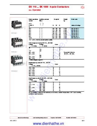 ABB LIMITED 2/24
www.abb.com/lowvoltage email marketing.info@gb.abb.com Telephone 02476 368551 Facsimile 02476 368401
EK 110 ... EK 1000 4-pole Contactors
a.c. Operated
Rated operationa Auxiliary contacts Footprint Weight Order code
current fitted kg
AC-1
q ≤40 °C H W D state coil voltage
A
200 1 1 156 165 155 4.300 EK 110-40-11
250 1 1 172 165 155 4.350 EK 150-40-11
300 1 1 198 201 172 6.600 EK 175-40-11
350 1 1 198 201 172 6.600 EK 210-40-11
550 1 1 272 270 226 17.20 EK 370-40-11
800 1 1 272 270 226 17.20 EK 550-40-11
1000 1 1 299 270 226 17.50 EK 1000-40-11
- E = 40 ... 400 Hz coil with built-in rectifier.
Coil voltages and codes: EK 110 ... EK 1000
Voltage Voltage Code
V - 50Hz V - 60Hz
48 – A D
– 110 A E
110 120 A F
220 ... 230 * A L *Read 240V 60Hz for
230 ... 240 – A M EK 370 ... EK 1000.
– 380 A N
380 ... 400 440 A P
400 ... 415 – A R
+ Other voltages: page 0/1.
Multi-frequency coils: EK 110 ... EK 210
Voltage Code
V - 40 ... 400Hz
110 ... 120 E F
115 ... 127 E G
220 ... 230 E L
230 ... 240 E M
380 ... 400 E P
400 ... 415 E R
Dual frequency coils (1): EK 370 ... EK 1000
Voltage Voltage Code
V - 50Hz V - 60Hz
110 110 ... 120 E F
110 ... 115 115 ... 127 E G
220 220 ... 240 E L
220 ... 230 230 ... 255 E M
380 380 ... 415 E P
380 ... 400 400 ... 440 E R
(1) Two auxiliary contact blocks maximum per contactor, ambient temperature < 55 °C and mounting
positions 2 and 6 excluded.
EK 1000-40-11
EK 370-40-11
EK 175-40-11
www.dienhathe.xyz
www.dienhathe.vn
 