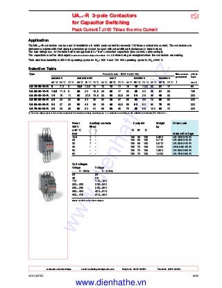 www.abb.com/lowvoltage email marketing.info@gb.abb.com Telephone 02476 368551 Facsimile 02476 368401
ABB LIMITED 2/31
UA...-R 3-pole Contactors
for Capacitor Switching
Peak Current Î ≥100 Times the rms Current
Application
The UA ...-R contactors can be used in installations in which peak current far exceeds 100 times nominal rms current. The contactors are
delivered complete with their damping resistors and must be used without additional inductances (+ table below).
The kvar ratings acc. to the table below are applicable to "star" connected capacitors (less current, cable savings).
The capacitors must be discharged (maximum residual voltage at terminals < 50 V) before being re-energized when the contactors are making.
Their electrical durability is 250 000 operating cycles for Ue < 500 V and 100 000 operating cycles for Ue ≥ 500 V.
Selection Table
Type Powers in kvar - 50/60 Hz (AC-6b) Max. permissible gG type
220/240 V 380/400/415 V 440 V 500/550 V 660/690 V peak current fuses
40 °C 55 °C 70 °C 40 °C 55 °C 70 °C 40 °C 55 °C 70 °C 40 °C 55 °C 70 °C 40 °C 55 °C 70 °C Î max. (*)
UA 16-30-10-R 8 7.5 6 12.5 12.5 10 15 13 11 18 16 12.5 22 21 17 80
UA 26-30-10-R 12.5 11.5 9 22 20 15.5 24 20 17 30 25 20 35 31 26 125
UA 30-30-10-R 16 16 11 30 27.5 19.5 32 30 20.5 34 34 25 45 45 32 200
UA 50-30-00-R 25 24 20 40 40 35 50 43 37 55 50 46 72 65 60 200
UA 63-30-00-R 30 27 23 50 45 39 55 48 42.5 65 60 50 80 75 65 200
UA 75-30-00-R 35 30 25 60 50 41 65 53 45 75 65 55 100 80 70 200
(*) The fuse ratings given in this column represent the maximum ratings ensuring type 1 co-ordination according to the definition of standard IEC 60947-4-1.
Power Auxiliary contacts Footprint Weight Order code
400 V fitted kg
≤ 40 °C H W D
kvar state coil voltage
12.5 1 - 140 44 106 0.460 UA 16-30-10-R
22 1 - 140 54 125 0.710 UA 26-30-10-R
30 1 - 140 54 140 0.810 UA 30-30-10-R
40 - - 160 70 139 1.350 UA 50-30-00-R
50 - - 160 70 139 1.350 UA 63-30-00-R
60 - - 160 70 139 1.350 UA 75-30-00-R
Coil voltages
Voltage Voltage
V - 50Hz V - 60Hz
24 24
48 48
110 110...120
220...230 230...240
230...240 240...260
380...400 400...415
400...415 415...440
please contact us for other voltages
www.dienhathe.xyz
www.dienhathe.vn
 