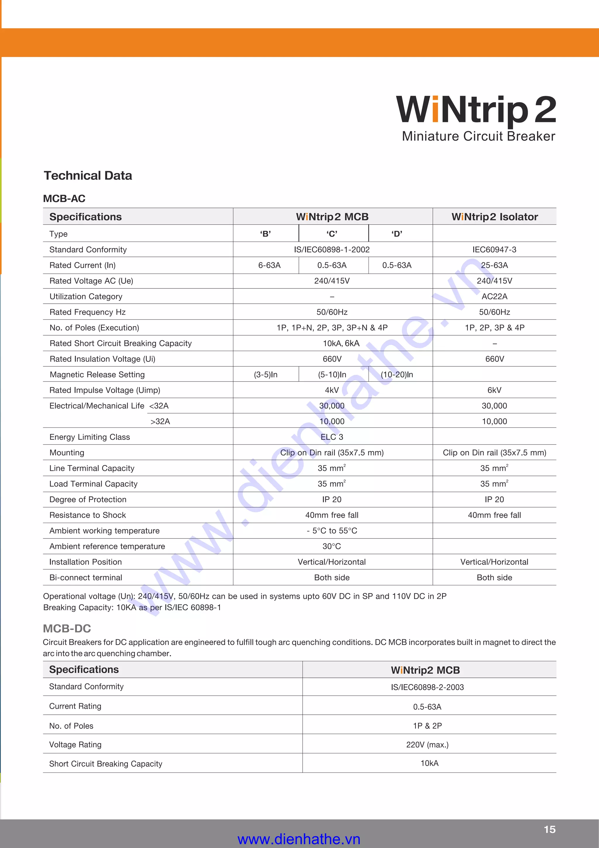 Technical Data
15
MCB-DC
Circuit Breakers for DC application are engineered to fulfill tough arc quenching conditions. DC MCB incorporates built in magnet to direct the
arc into the arc quenching chamber.
Standard Conformity
Current Rating
No. of Poles
Voltage Rating
Short Circuit Breaking Capacity
IS/IEC60898-2-2003
0.5-63A
1P & 2P
220V (max.)
10kA
MCB-AC
Specifications W Ntrip2 MCB W Ntrip2 Isolator
Type ‘B’ ‘C’ ‘D’
Standard Conformity IS/IEC60898-1-2002 IEC60947-3
Rated Current (In) 6-63A 0.5-63A 0.5-63A 25-63A
Rated Voltage AC (Ue) 240/415V 240/415V
Utilization Category – AC22A
Rated Frequency Hz 50/60Hz 50/60Hz
No. of Poles (Execution) 1P, 1P+N, 2P, 3P, 3P+N & 4P 1P, 2P, 3P & 4P
Rated Short Circuit Breaking Capacity 10kA, 6kA –
Rated Insulation Voltage (Ui) 660V 660V
Magnetic Release Setting (3-5)In (5-10)In (10-20)In
Rated Impulse Voltage (Uimp) 4kV 6kV
Electrical/Mechanical Life <32A 30,000 30,000
>32A 10,000 10,000
Energy Limiting Class ELC 3
Mounting Clip on Din rail (35x7.5 mm) Clip on Din rail (35x7.5 mm)
2 2
Line Terminal Capacity 35 mm 35 mm
2 2
Load Terminal Capacity 35 mm 35 mm
Degree of Protection IP 20 IP 20
Resistance to Shock 40mm free fall 40mm free fall
Ambient working temperature - 5°C to 55°C
Ambient reference temperature 30°C
Installation Position Vertical/Horizontal Vertical/Horizontal
Bi-connect terminal Both side Both side
i i
Specifications W Ntrip2 MCBi
Operational voltage (Un): 240/415V, 50/60Hz can be used in systems upto 60V DC in SP and 110V DC in 2P
Breaking Capacity: 10KA as per IS/IEC 60898-1
W Ntrip2i
www.dienhathe.vn
w
w
w
.dienhathe.vn
 